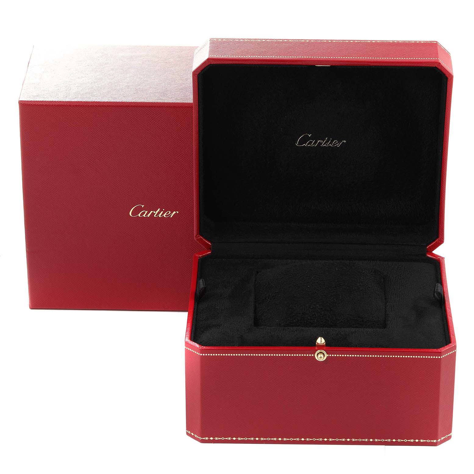This image shows the red outer box and open inner case for the Cartier Panthère model watch.