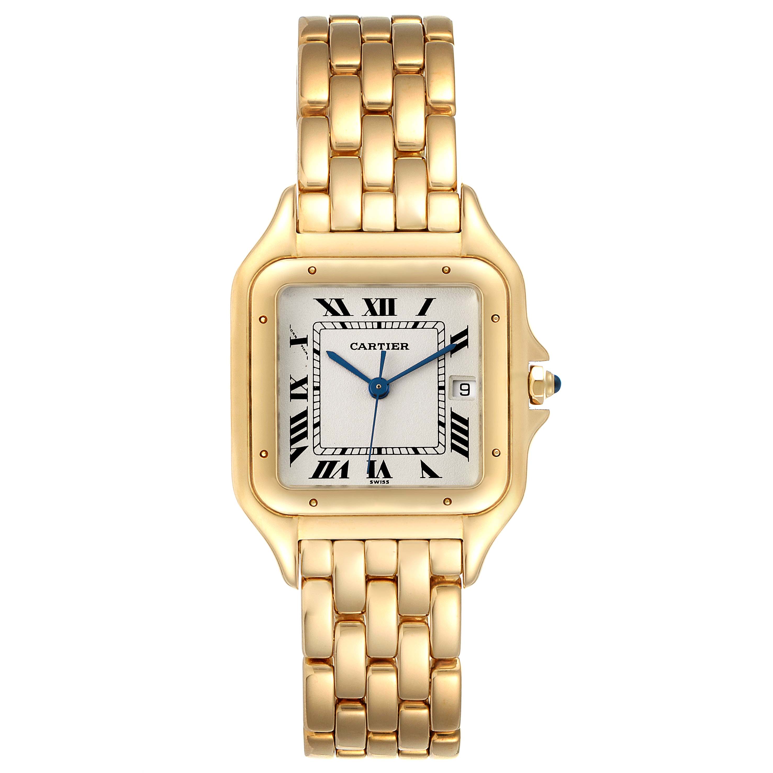 The watch shown is a Cartier Panthere W25014B9 Women's Yellow Gold Silver Dial W25014B9 Women's Yellow Gold Silver Dial model, viewed from the front, displaying its gold casing, Roman numeral dial, and bracelet.