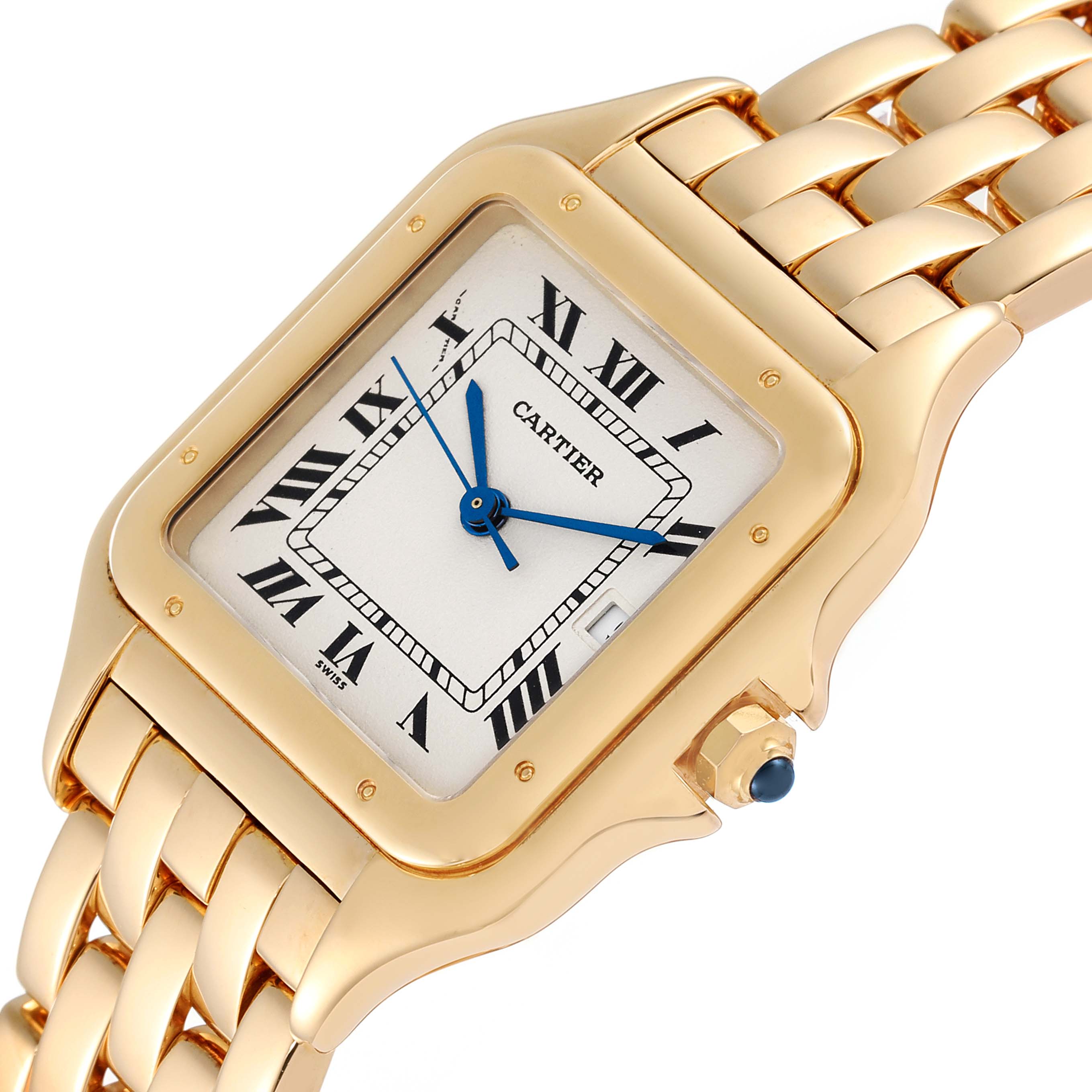 The image shows a close-up of the Cartier Panthere W25014B9 Women's Yellow Gold Silver Dial W25014B9 Women's Yellow Gold Silver Dial watch face, bezel, and part of the gold link bracelet.