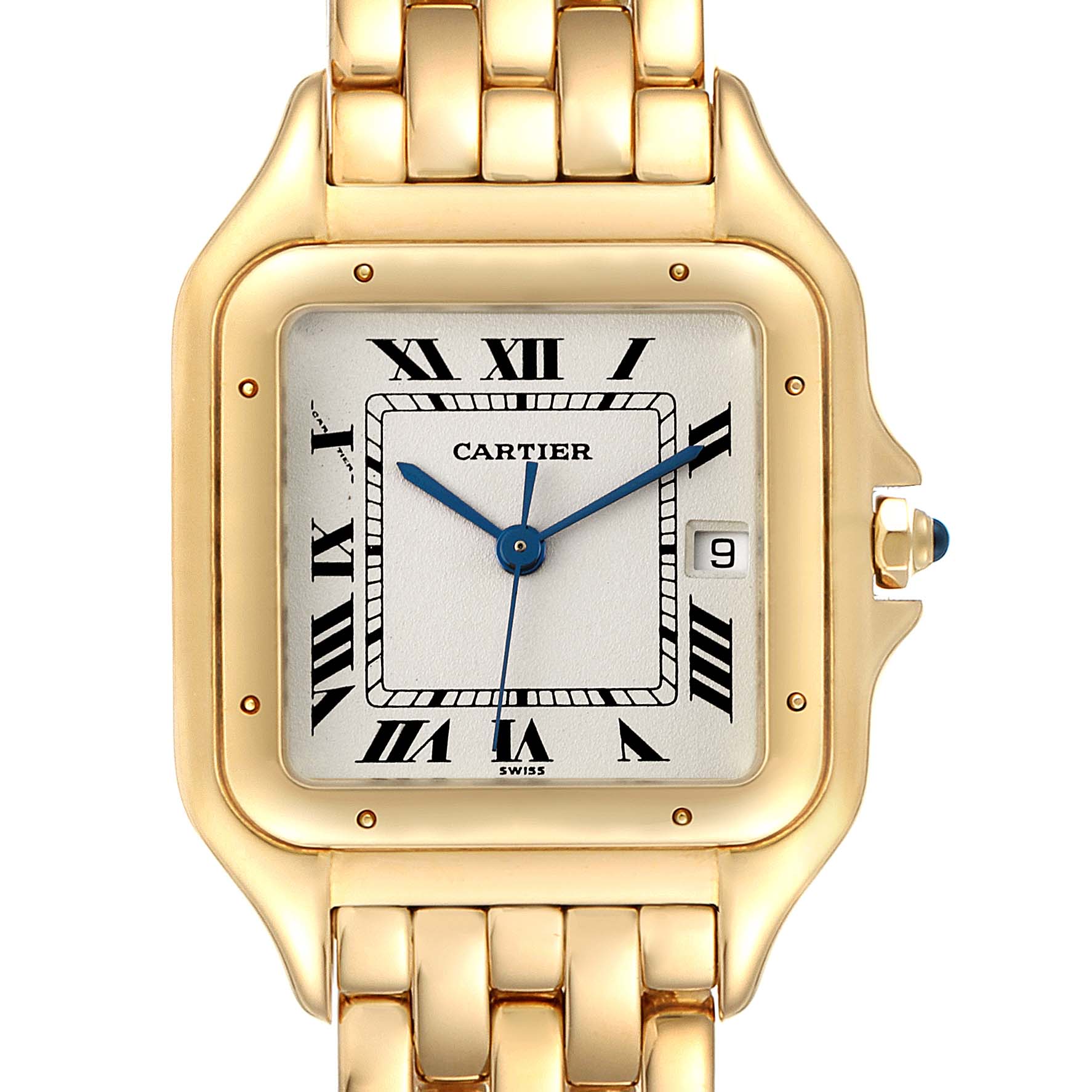This Cartier Panthere W25014B9 Women's Yellow Gold Silver Dial W25014B9 Women's Yellow Gold Silver Dial watch is shown from a top-down angle, highlighting its face, bezel, crown, and bracelet.