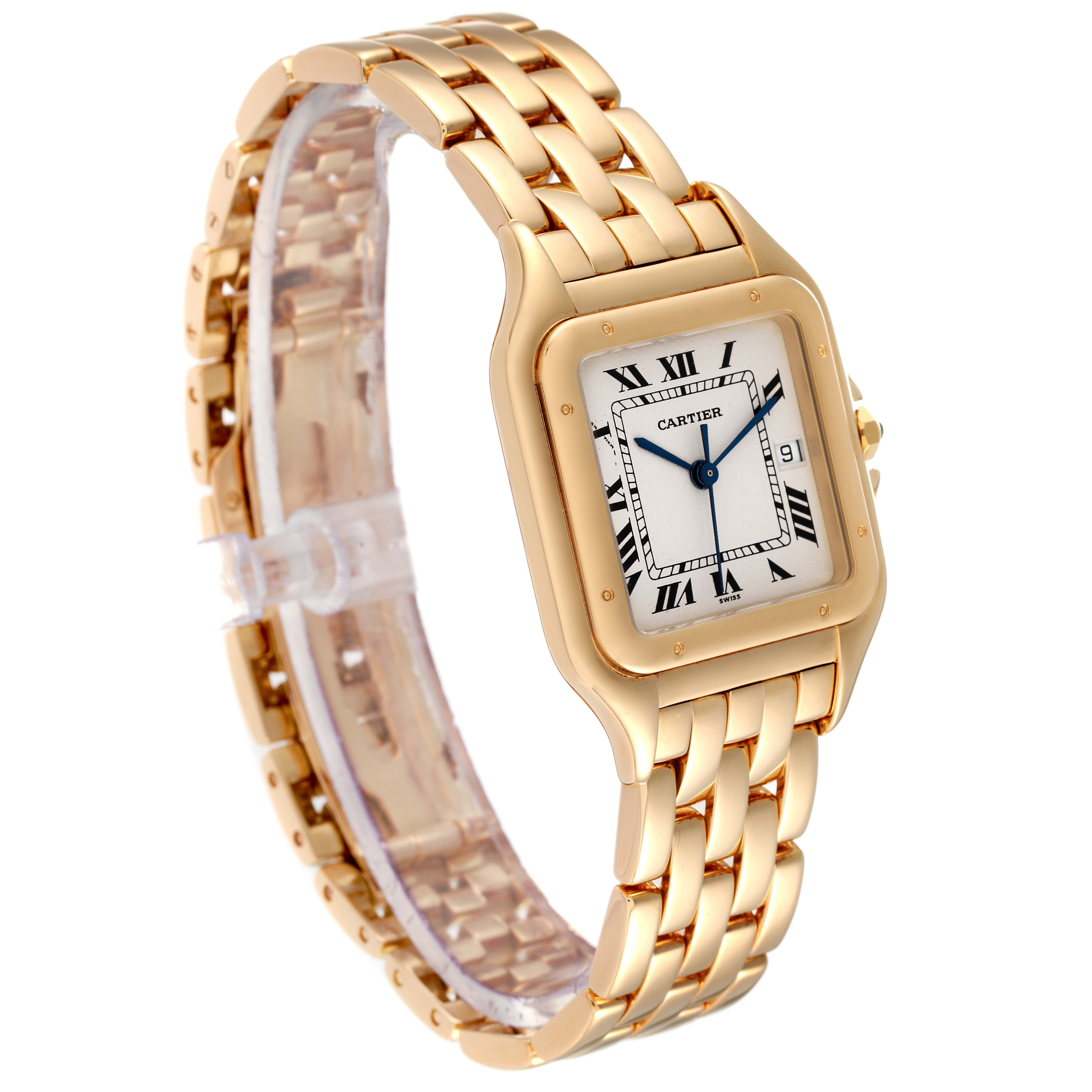 The image shows a Cartier Panthere W25014B9 Women's Yellow Gold Silver Dial W25014B9 Women's Yellow Gold Silver Dial model watch from a slightly tilted angle, highlighting its gold bracelet and rectangular face.