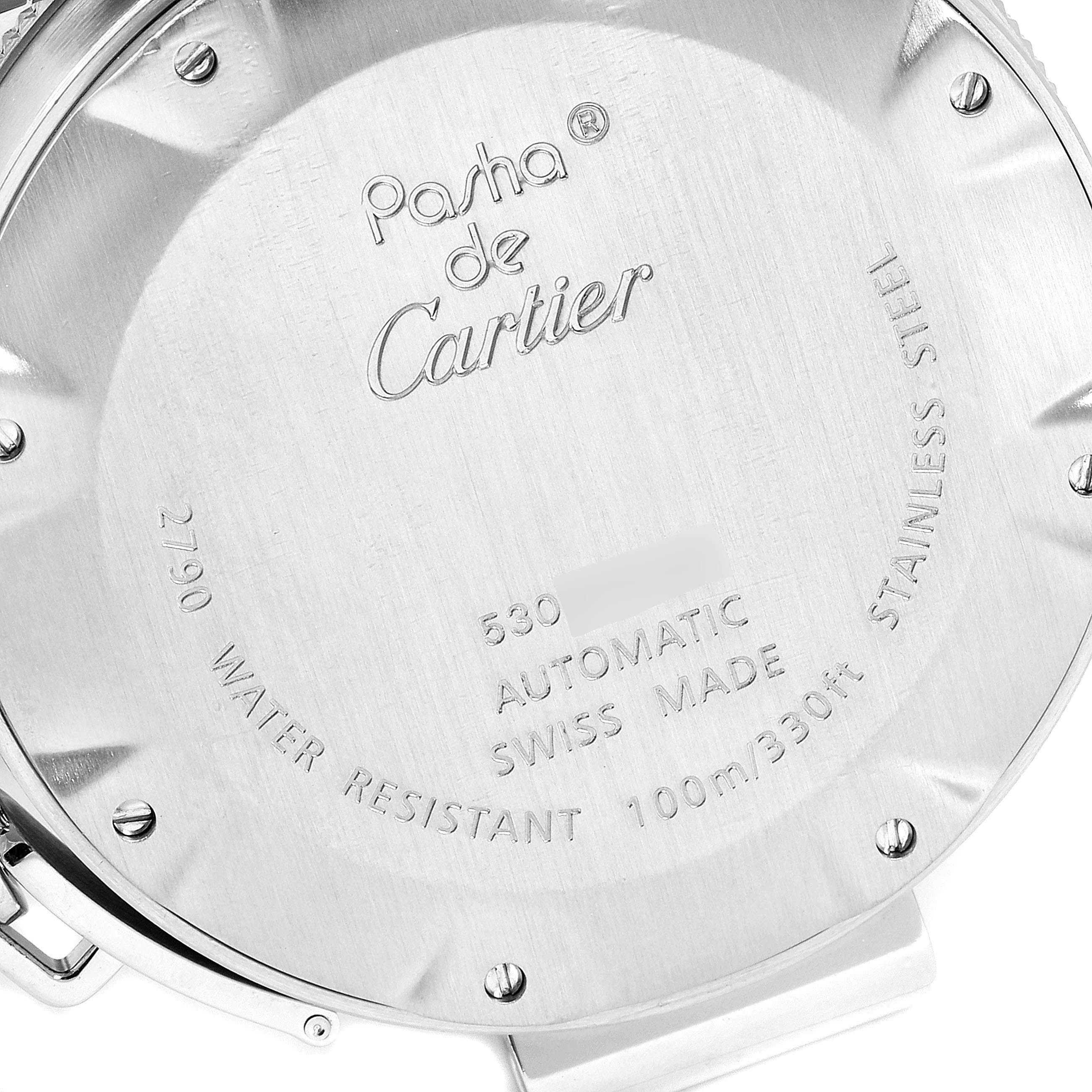 The image shows the back case of a Cartier Pasha W31077M7 Men's Stainless Steel Black Dial W31077M7 Men's Stainless Steel Black Dial watch, displaying engravings for model details and specifications.