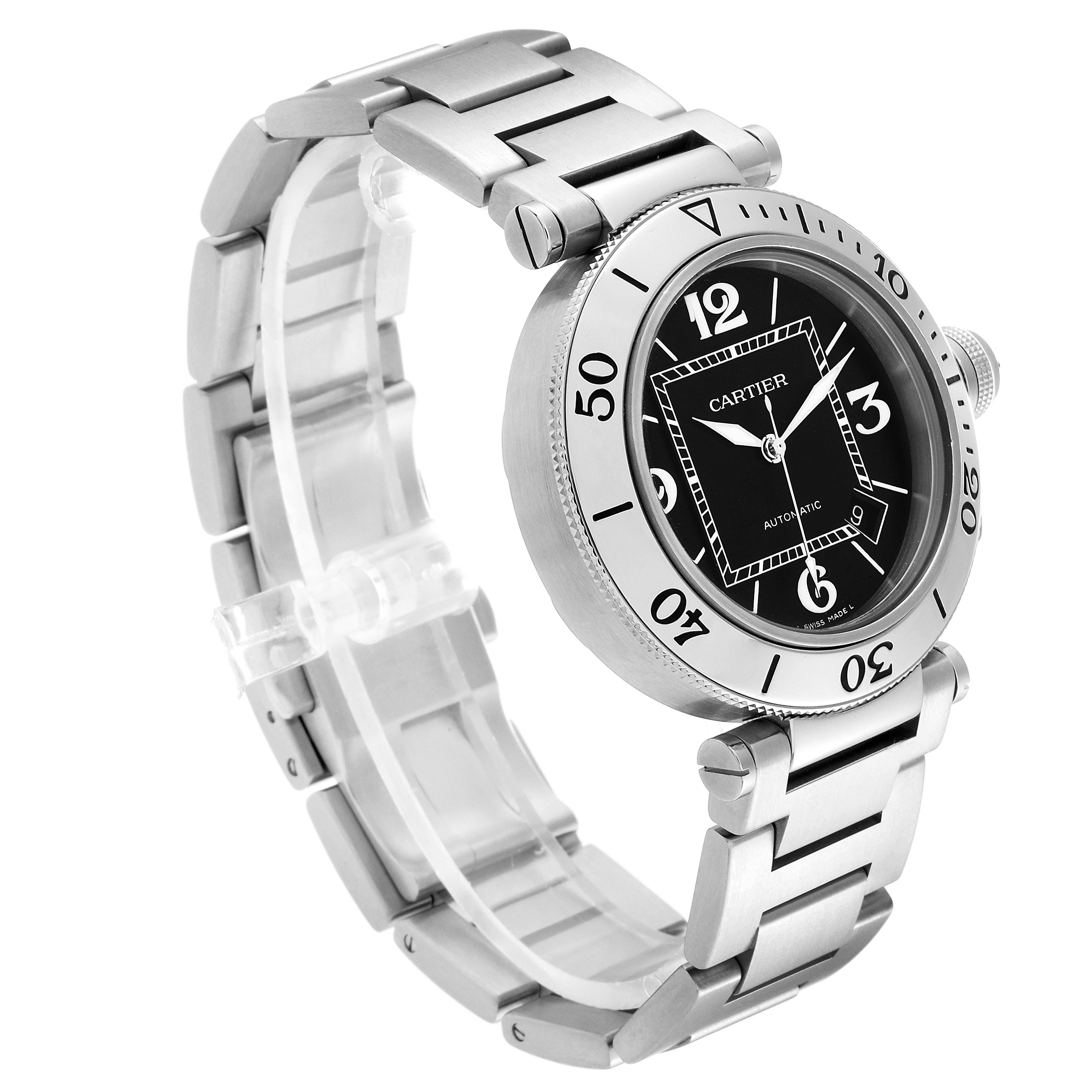 The image shows a side and front angle of a Cartier Pasha W31077M7 Men's Stainless Steel Black Dial W31077M7 Men's Stainless Steel Black Dial watch, highlighting its face, bracelet, and bezel.