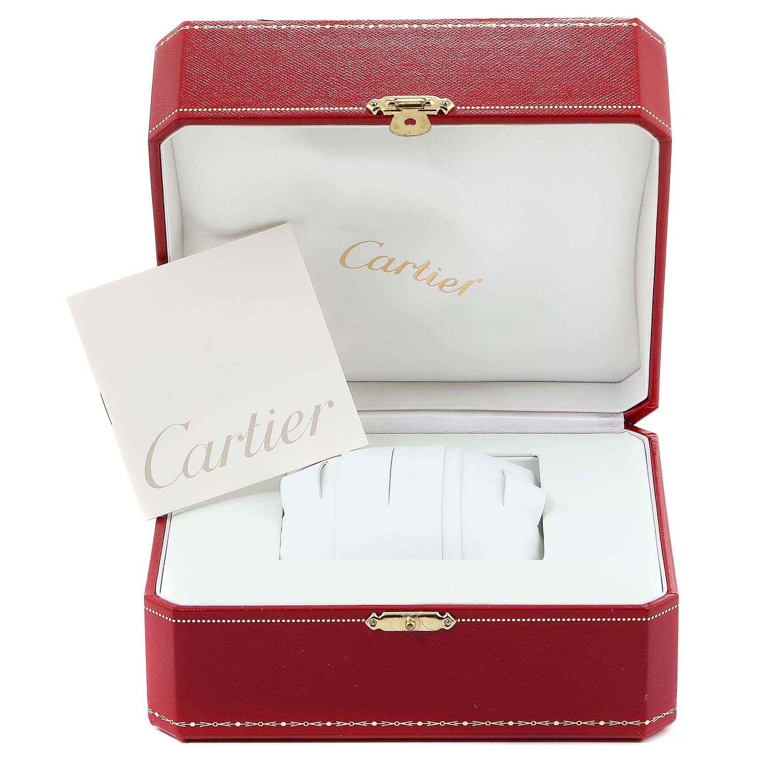 The image shows an open Cartier Pasha W31077M7 Men's Stainless Steel Black Dial W31077M7 Men's Stainless Steel Black Dial watch box from a frontal angle, displaying the branded card inside.