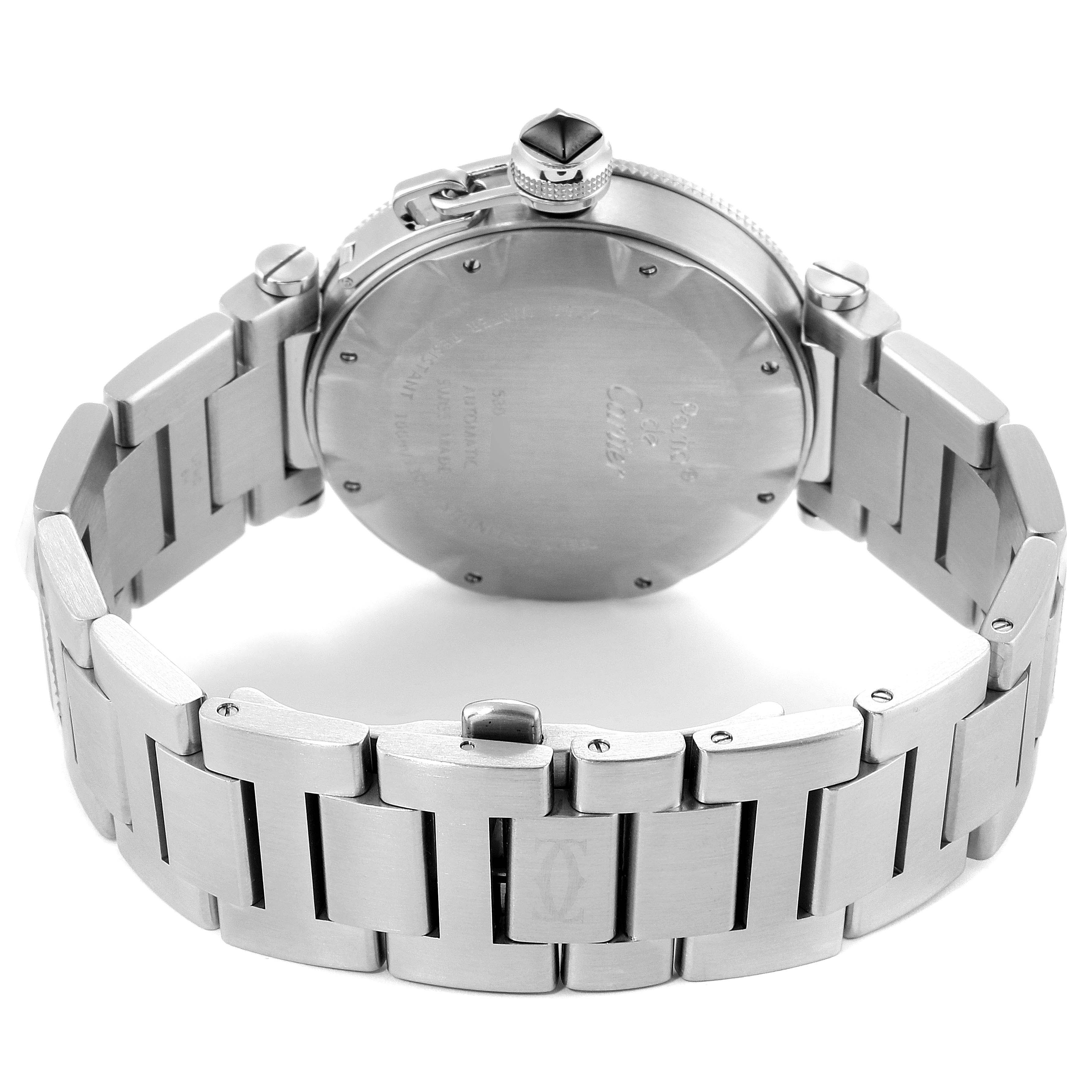 This image shows the rear view and bracelet of the Pasha watch by Cartier, highlighting its case back and metal link band.