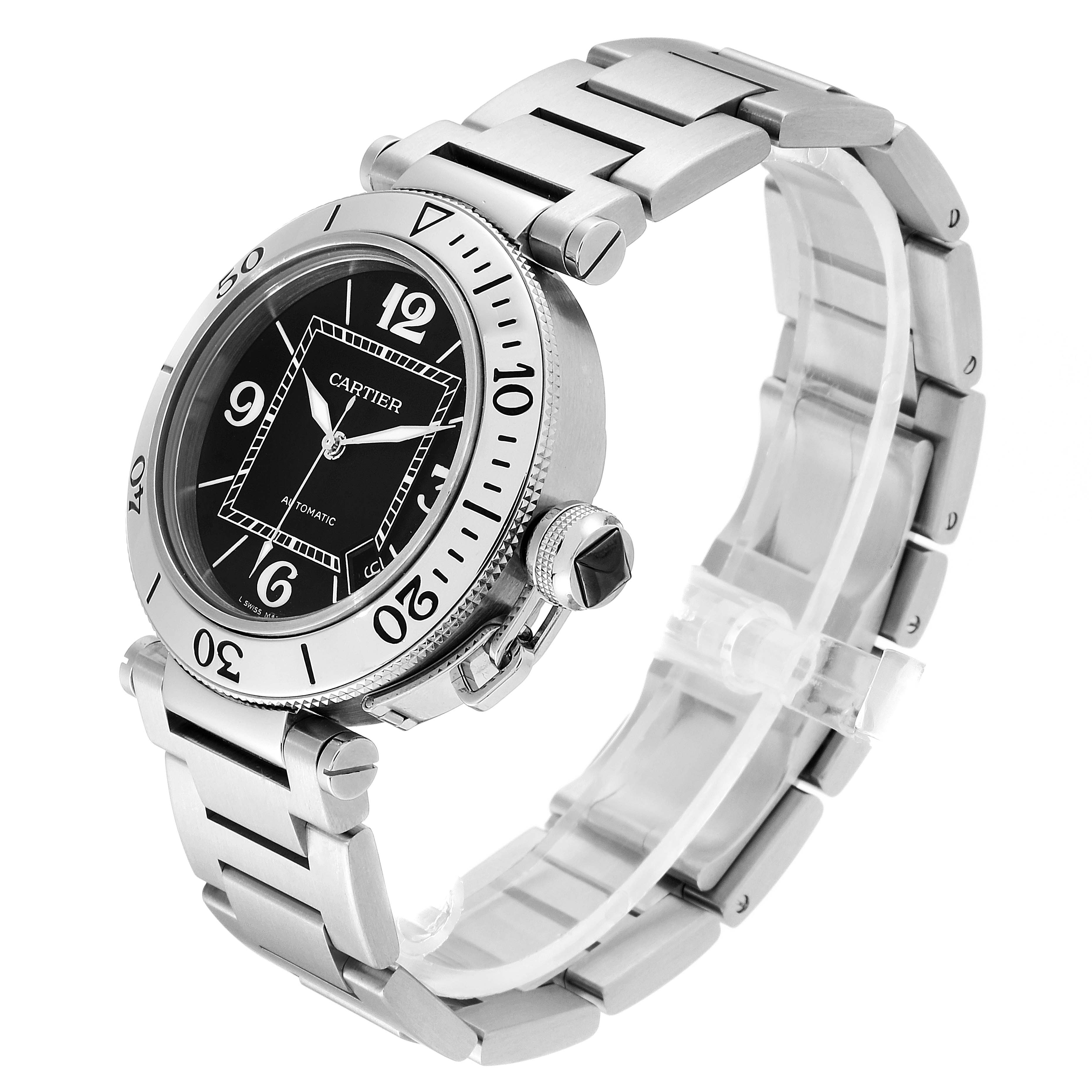 The image shows a Cartier Pasha W31077M7 Men's Stainless Steel Black Dial W31077M7 Men's Stainless Steel Black Dial watch at a three-quarter angle, highlighting the face, bezel, and stainless steel bracelet.