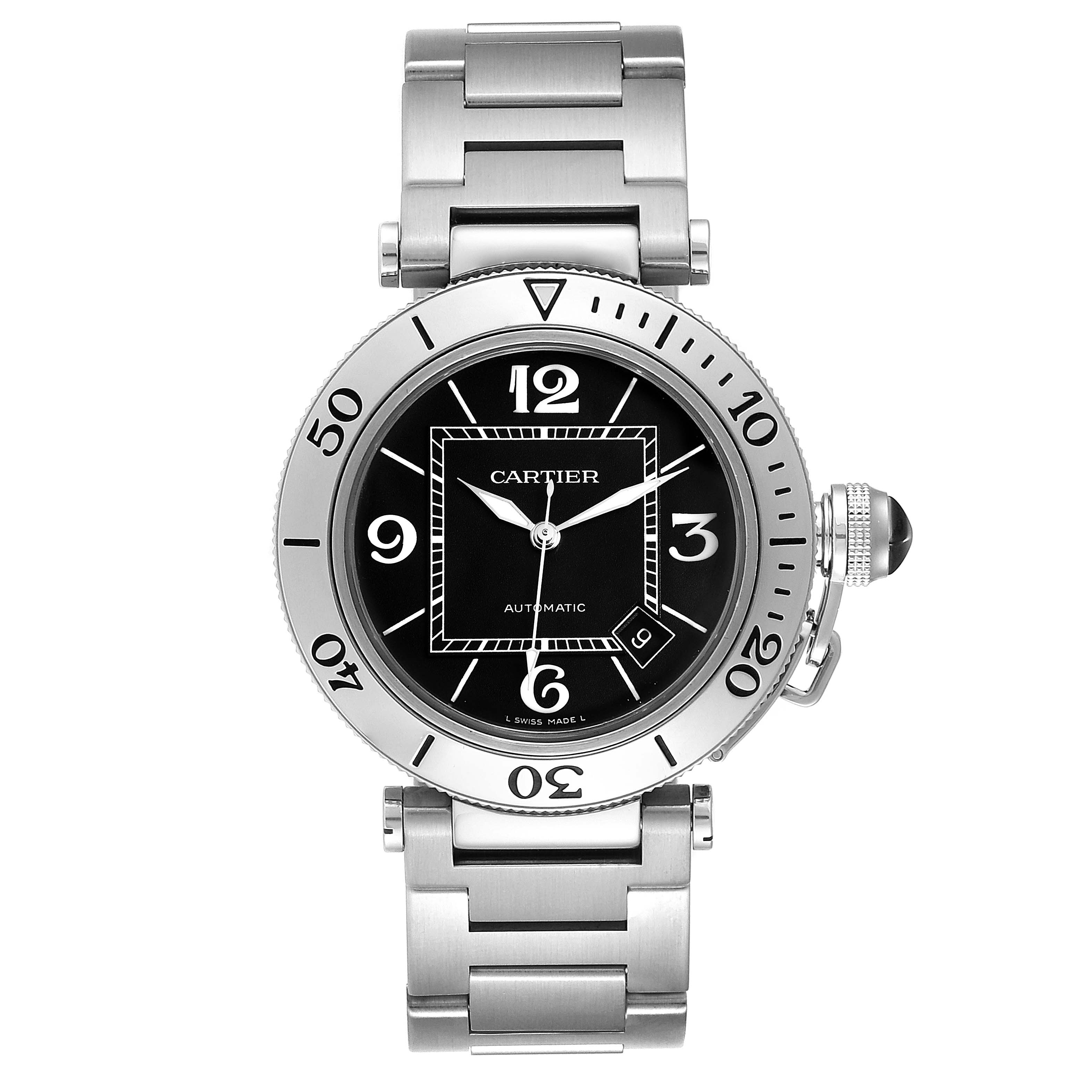 The image shows a frontal view of the Cartier Pasha W31077M7 Men's Stainless Steel Black Dial W31077M7 Men's Stainless Steel Black Dial watch, highlighting its dial, bezel, and metal bracelet.