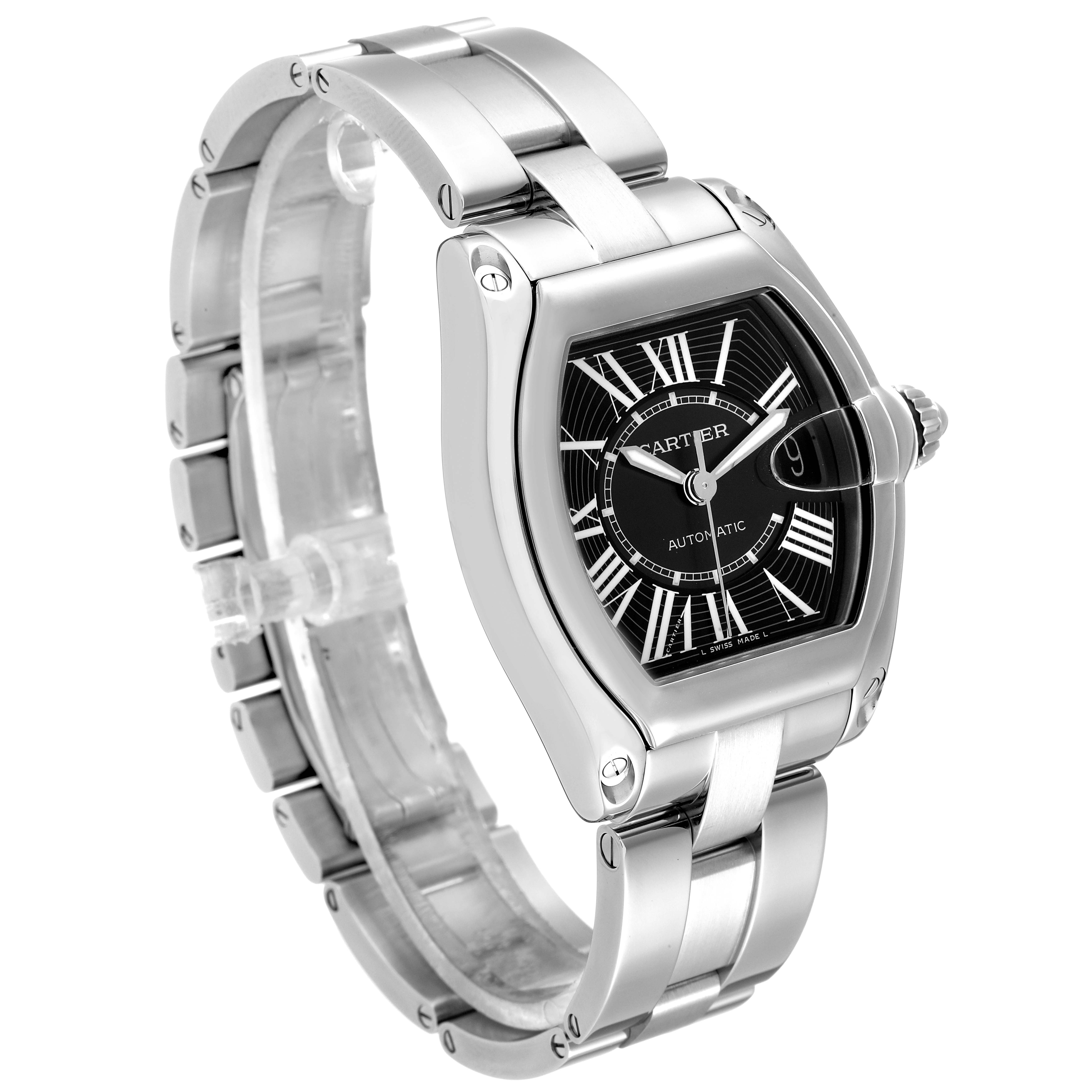 The image shows a Cartier Roadster W62041V3 Men's Stainless Steel Black Dial W62041V3 Men's Stainless Steel Black Dial watch at an angled side view, highlighting the face, bracelet, and case.