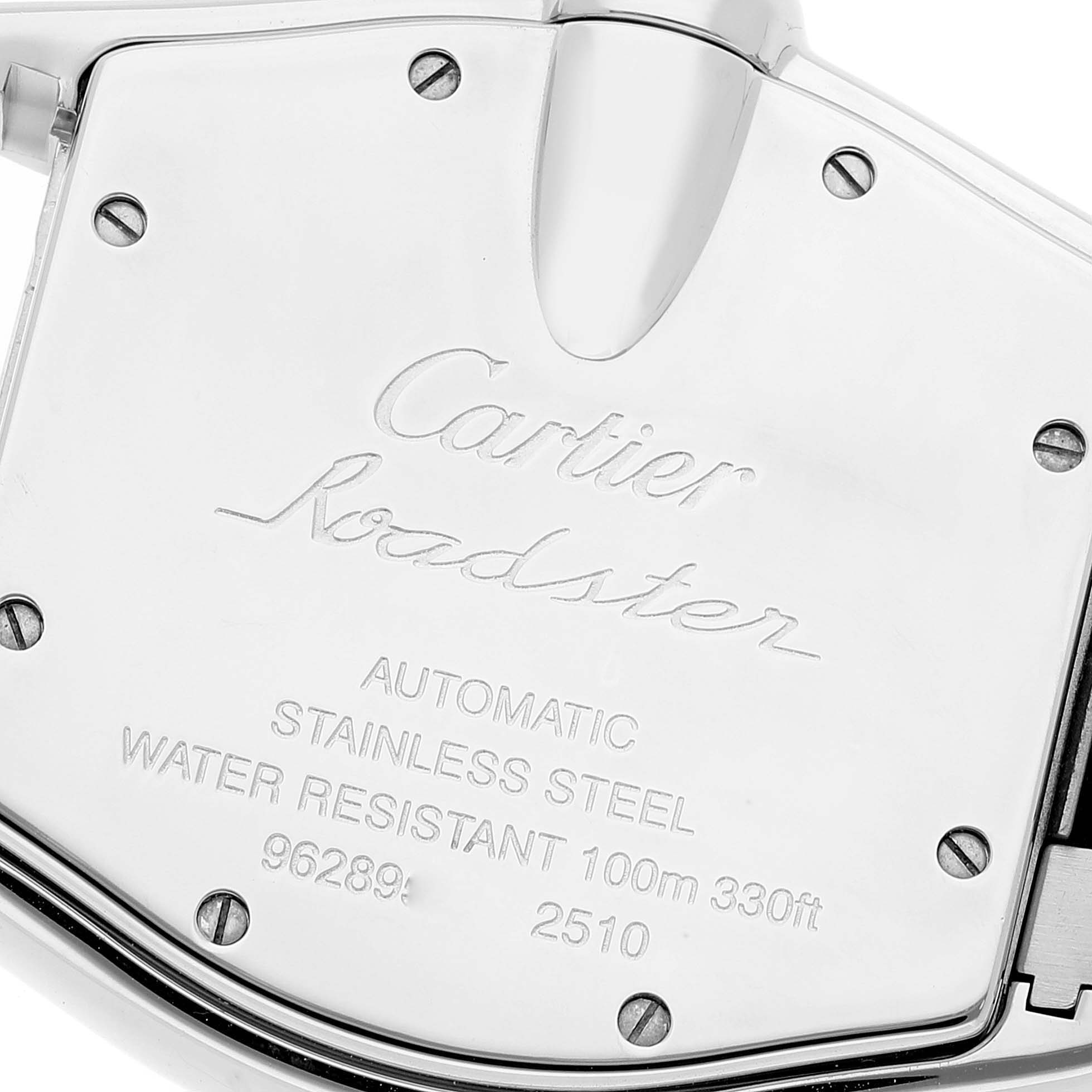 The image shows the back case of the Cartier Roadster W62041V3 Men's Stainless Steel Black Dial W62041V3 Men's Stainless Steel Black Dial watch, displaying its engravings and screws.