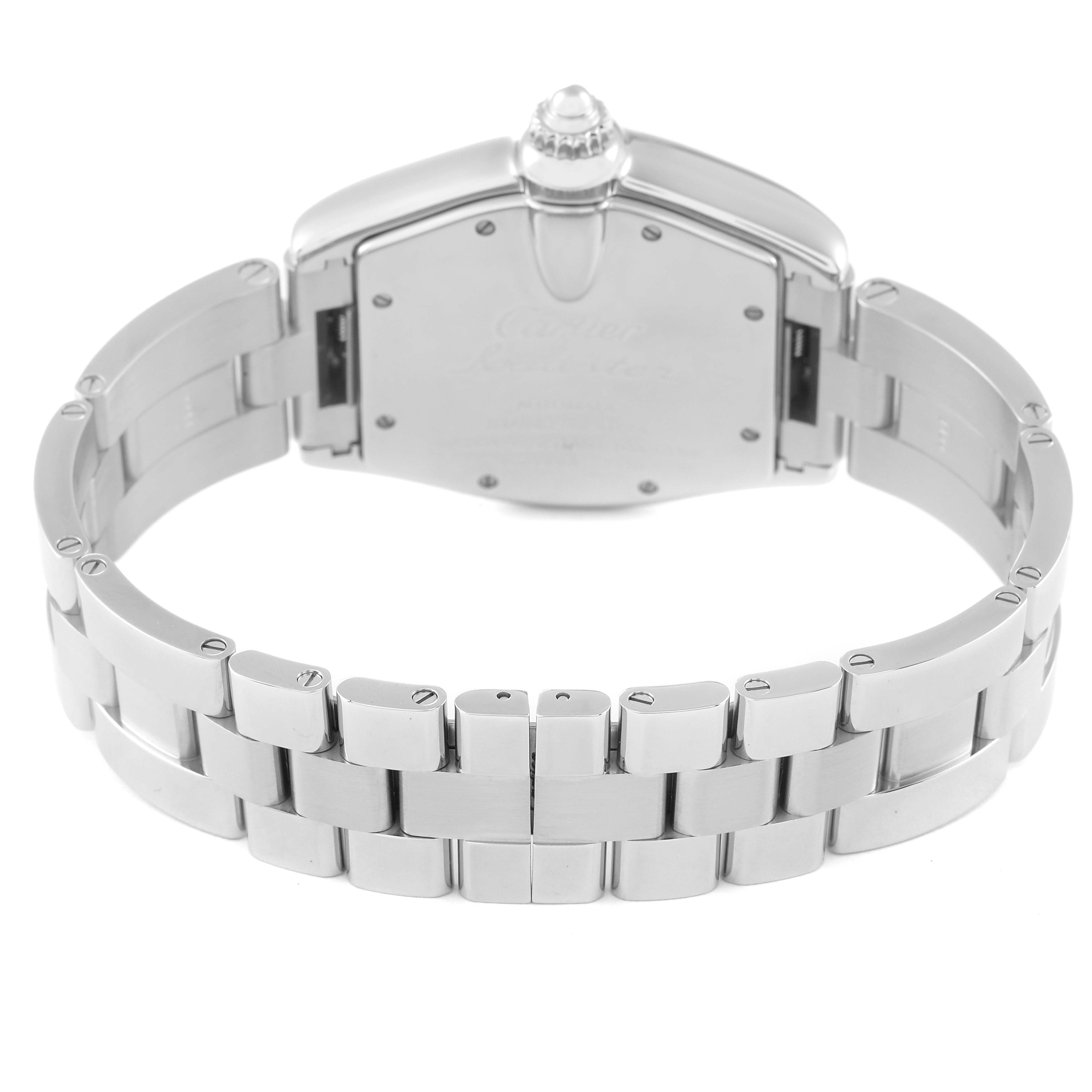 The image shows the back and bracelet of a Cartier Roadster W62041V3 Men's Stainless Steel Black Dial W62041V3 Men's Stainless Steel Black Dial watch, highlighting the clasp and links.