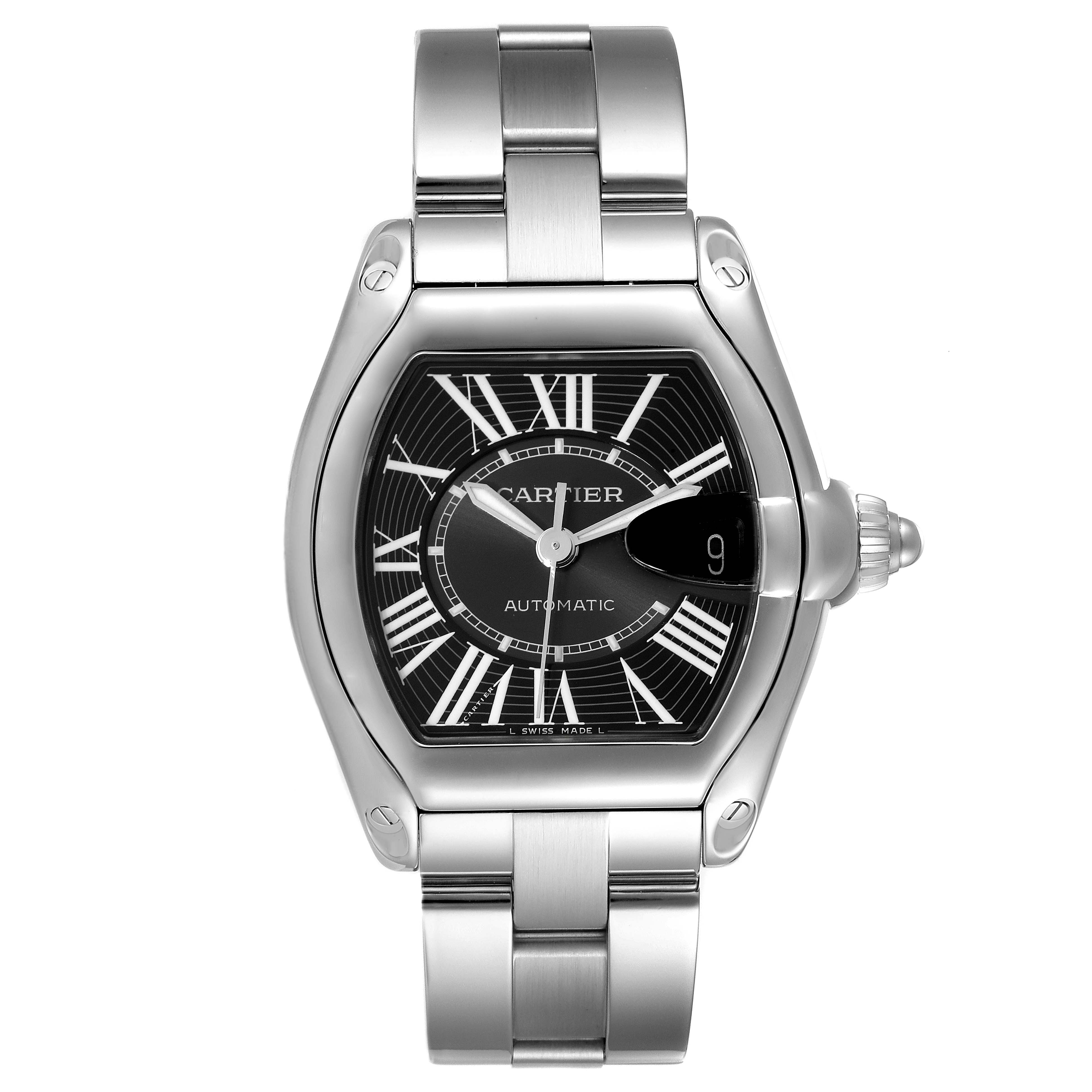 The image shows a front view of the Cartier Roadster W62041V3 Men's Stainless Steel Black Dial W62041V3 Men's Stainless Steel Black Dial watch, featuring its face, bezel, and metal bracelet.