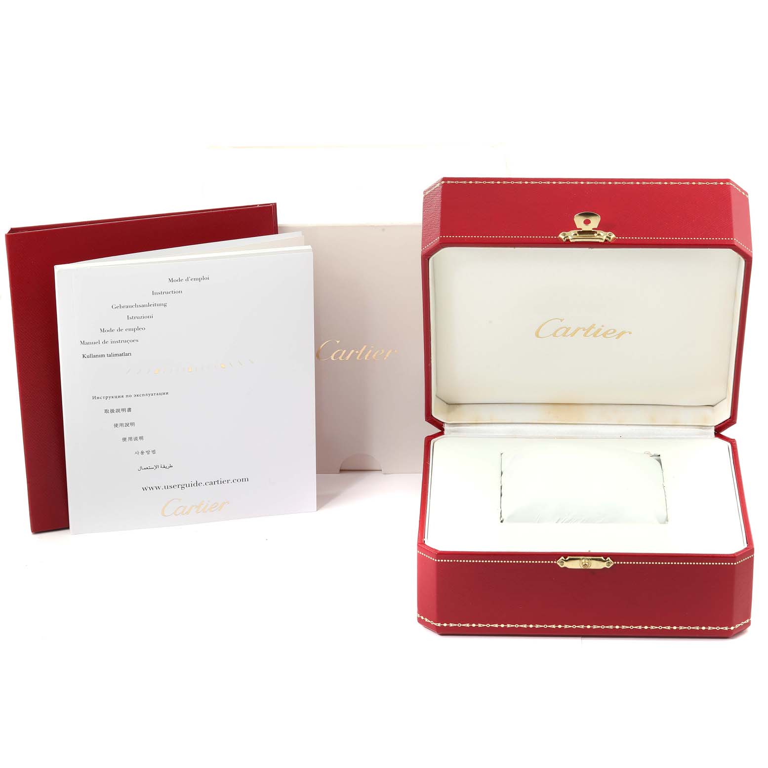 The image shows an empty Cartier Roadster W62041V3 Men's Stainless Steel Black Dial W62041V3 Men's Stainless Steel Black Dial watch case, along with a user guide and outer packaging.