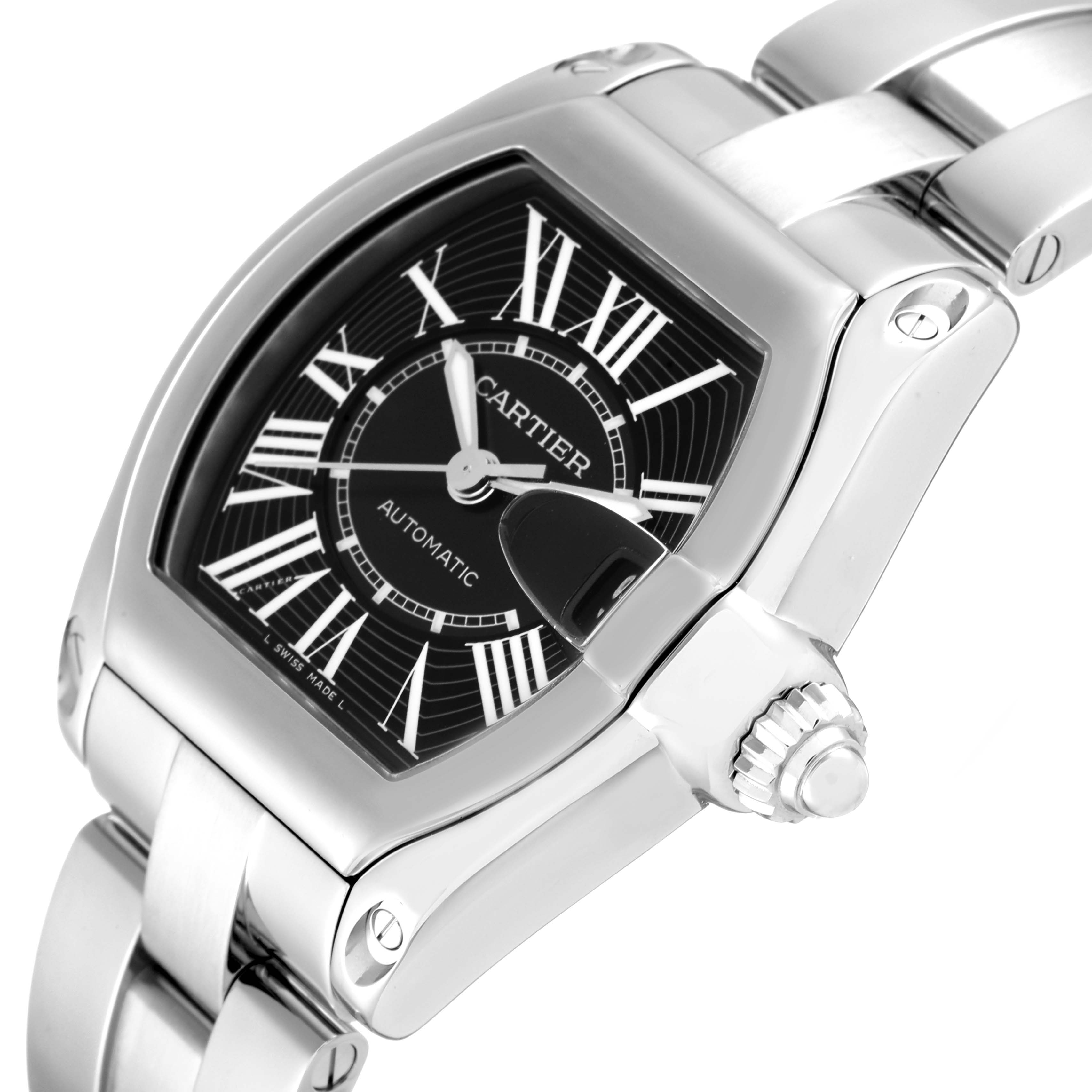 The Cartier Roadster W62041V3 Men's Stainless Steel Black Dial W62041V3 Men's Stainless Steel Black Dial watch is shown at an oblique angle, highlighting its black dial, Roman numerals, crown, and stainless steel bracelet.