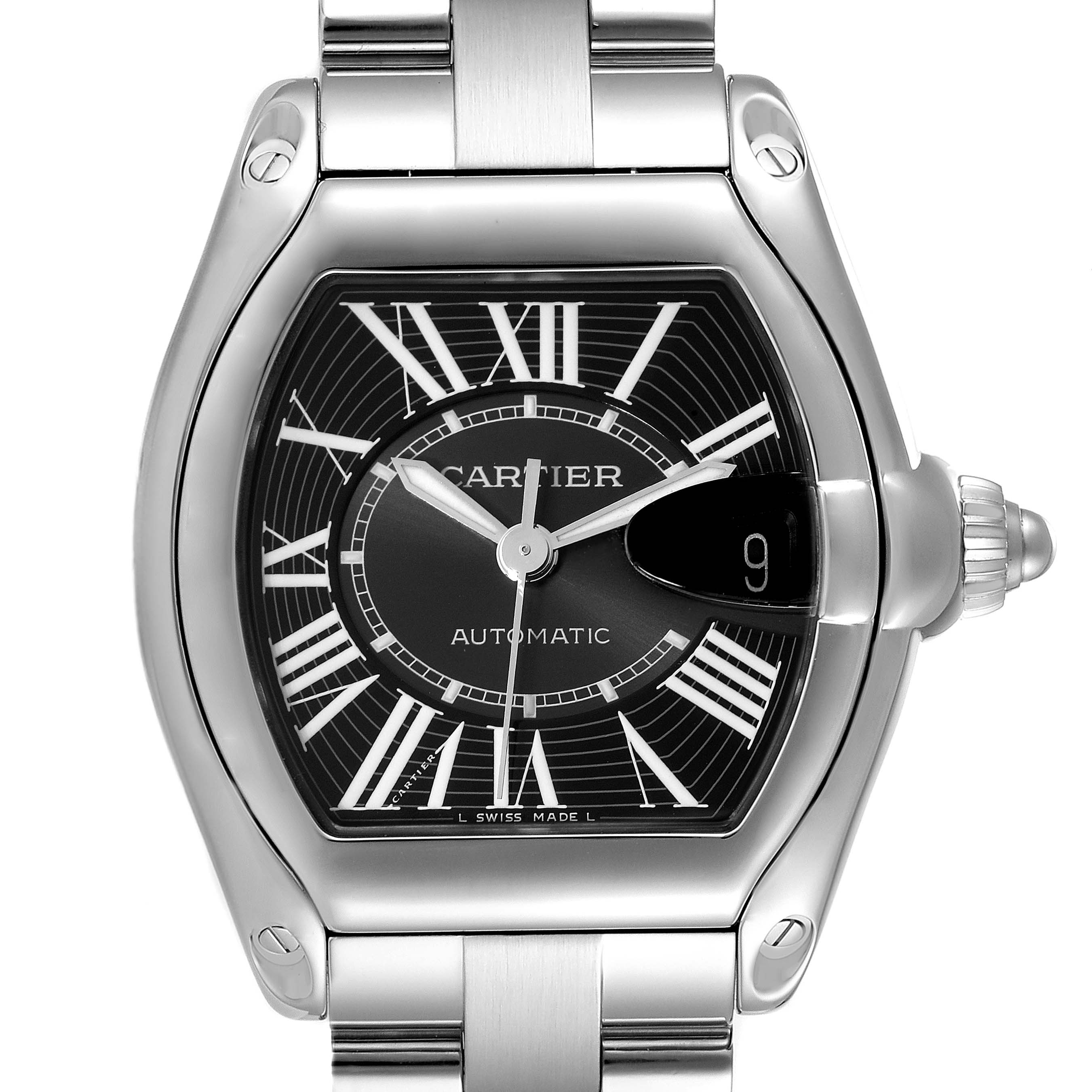 The image shows a front view of a Cartier Roadster W62041V3 Men's Stainless Steel Black Dial W62041V3 Men's Stainless Steel Black Dial watch, highlighting the face, bezel, and part of the bracelet.
