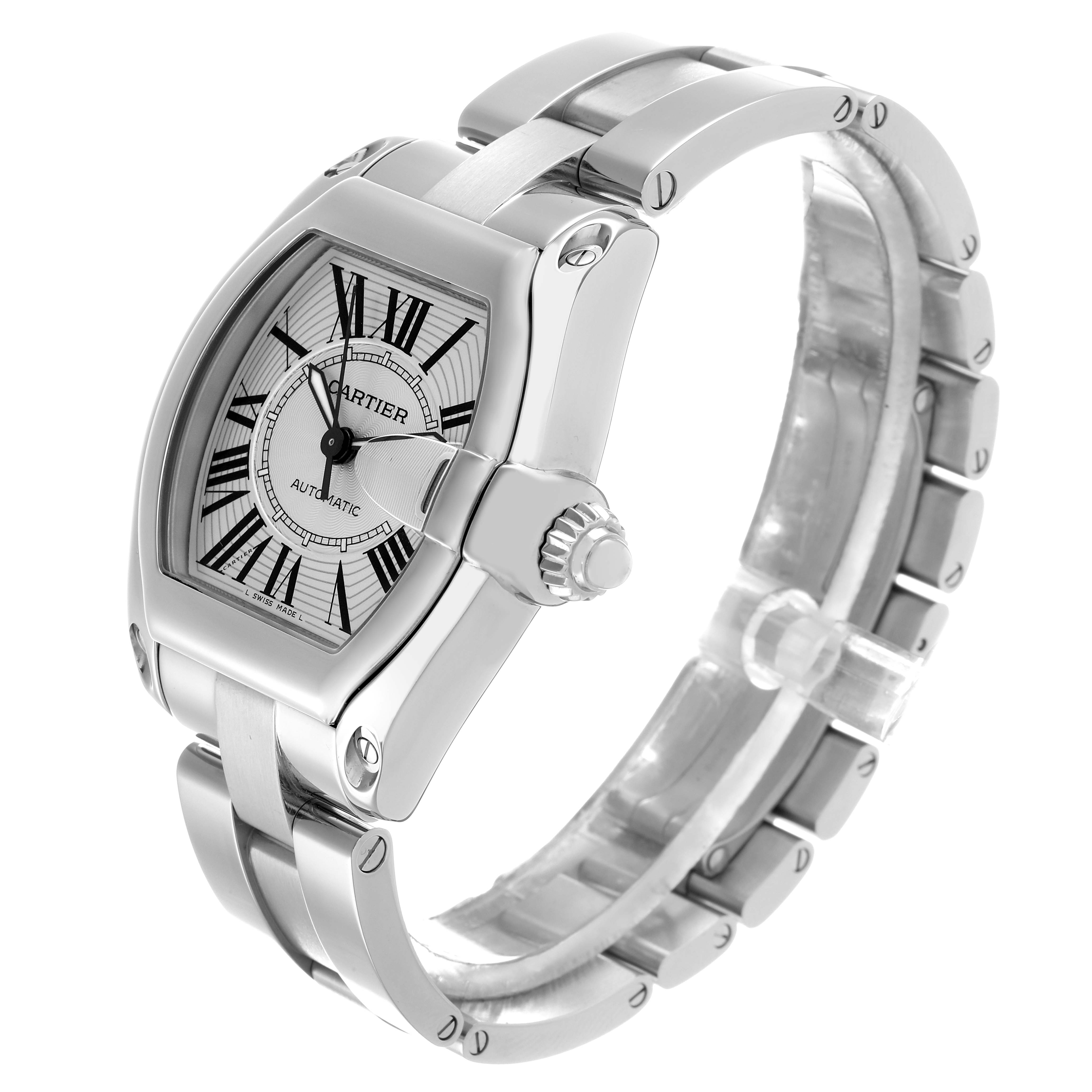 The Cartier Roadster W62025V3 Men
s Stainless Steel Silver Dial watch is shown at an angled side view, highlighting its face, crown, and bracelet.