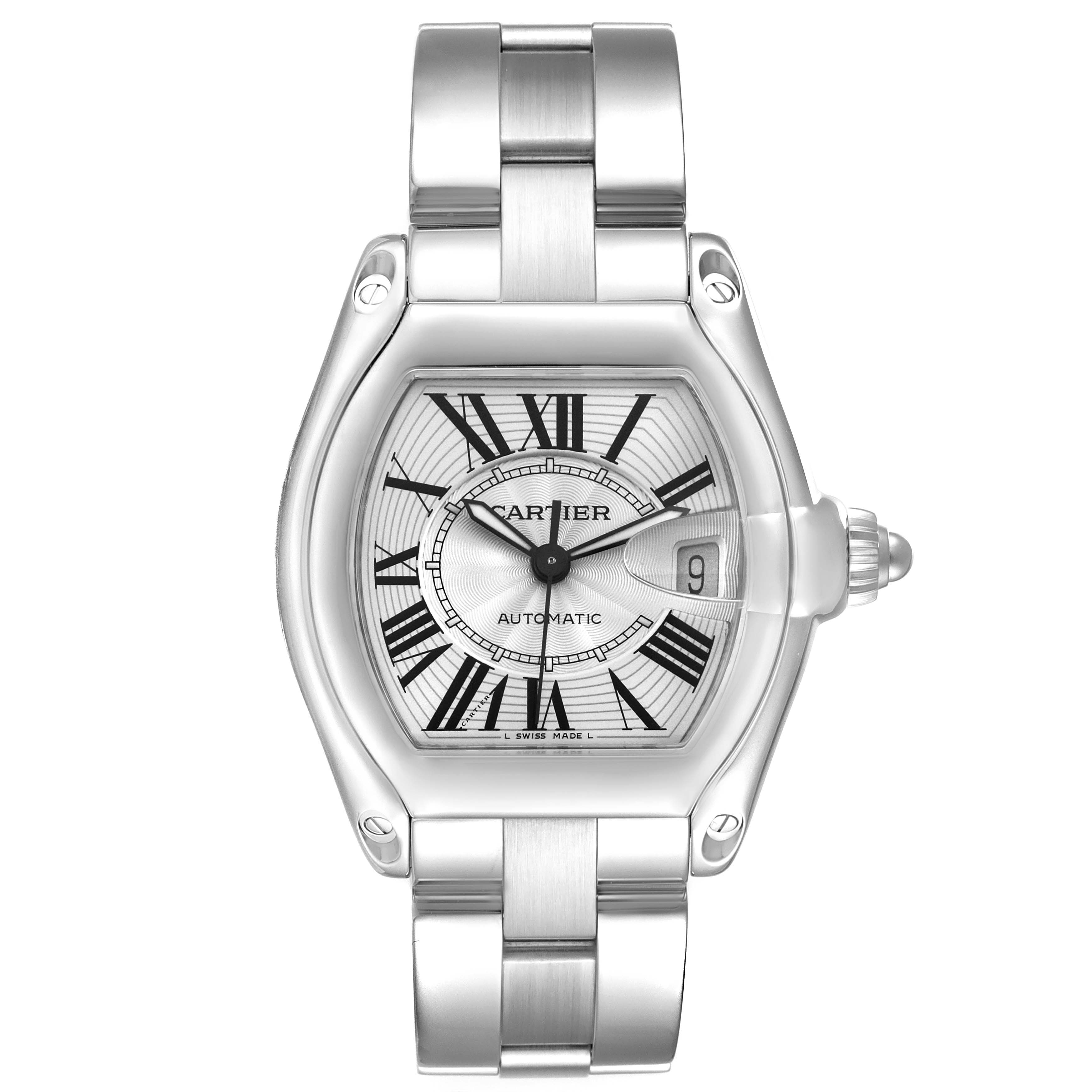 The Cartier Roadster W62025V3 Men
s Stainless Steel Silver Dial watch is shown from a top-down angle, displaying the dial, bezel, crown, and bracelet.