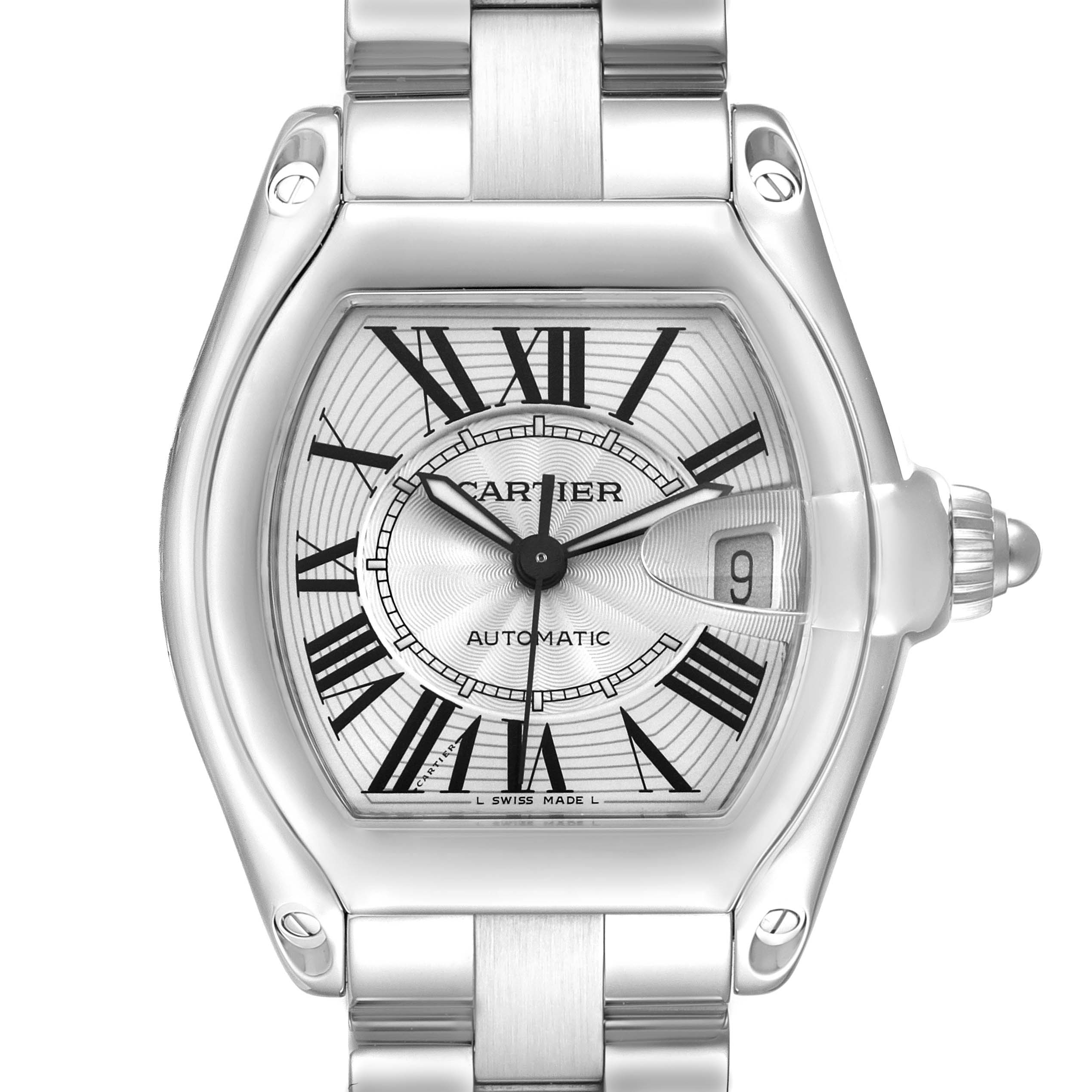 The Cartier Roadster W62025V3 Men
s Stainless Steel Silver Dial watch is shown from the front, highlighting its dial, bezel, and part of the bracelet.