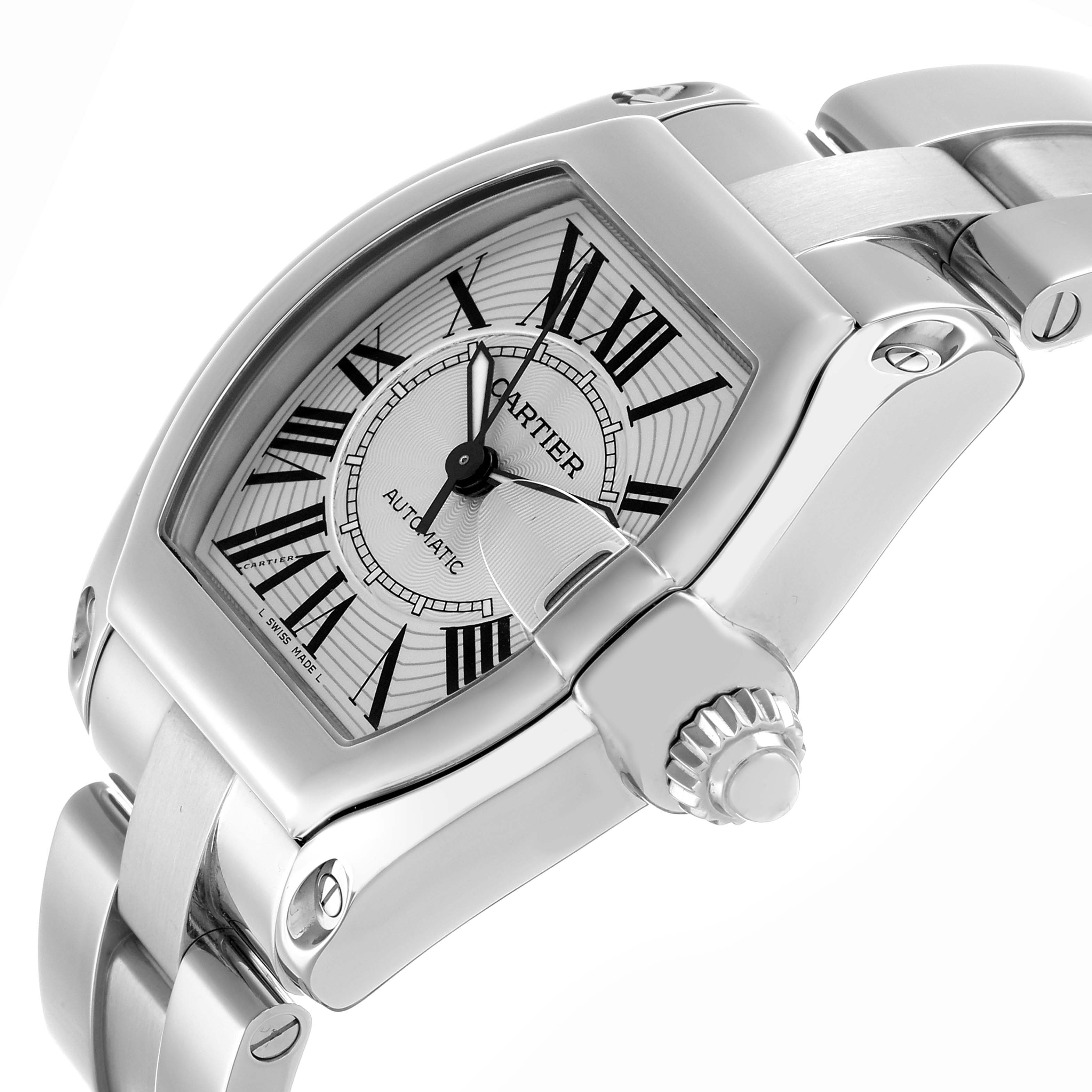 The Cartier Roadster W62025V3 Men
s Stainless Steel Silver Dial watch is shown at an angled close-up, highlighting the dial, crown, and part of the bracelet.