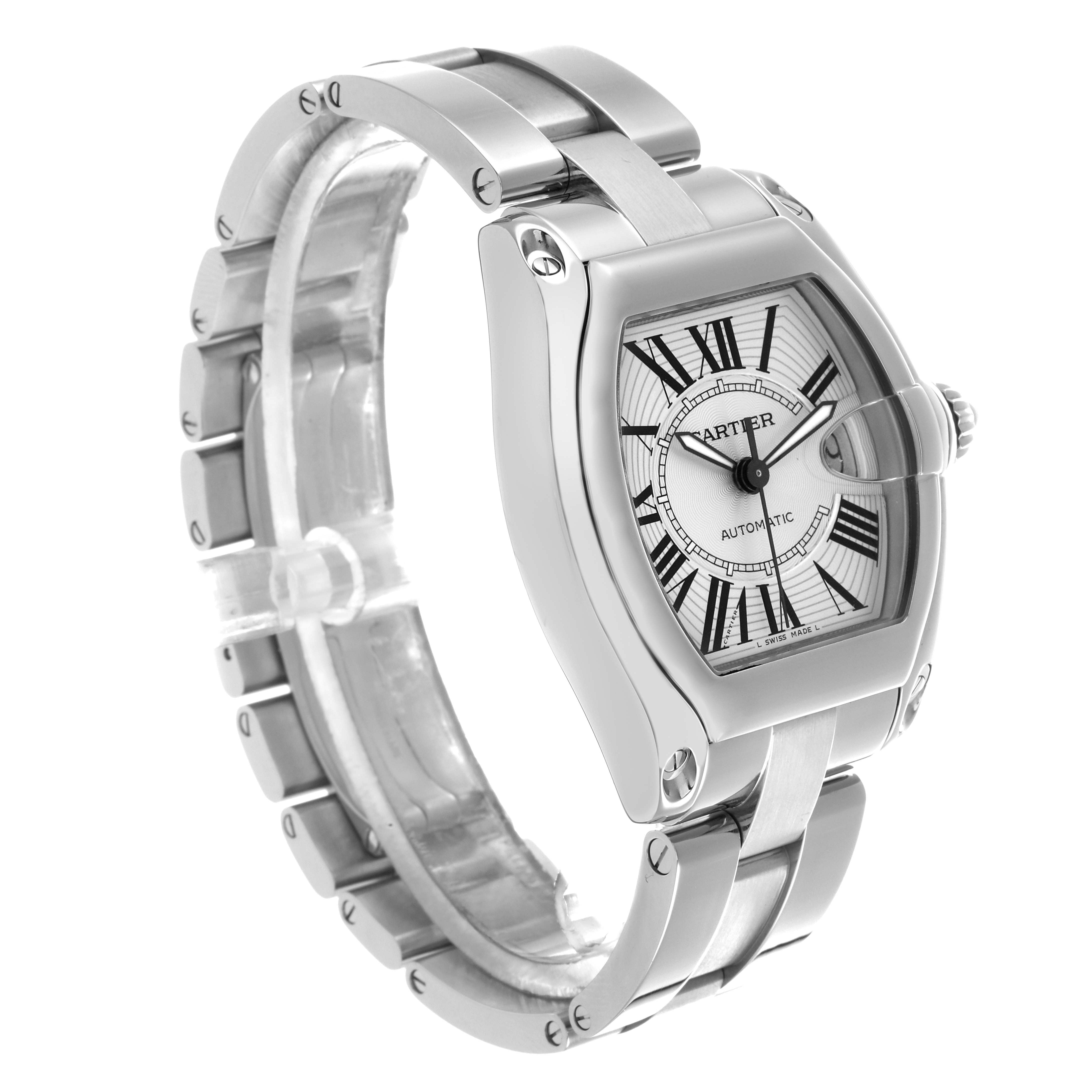 The Cartier Roadster W62025V3 Men
s Stainless Steel Silver Dial watch is shown at a three-quarter angle, highlighting the face, bezel, and metal strap.
