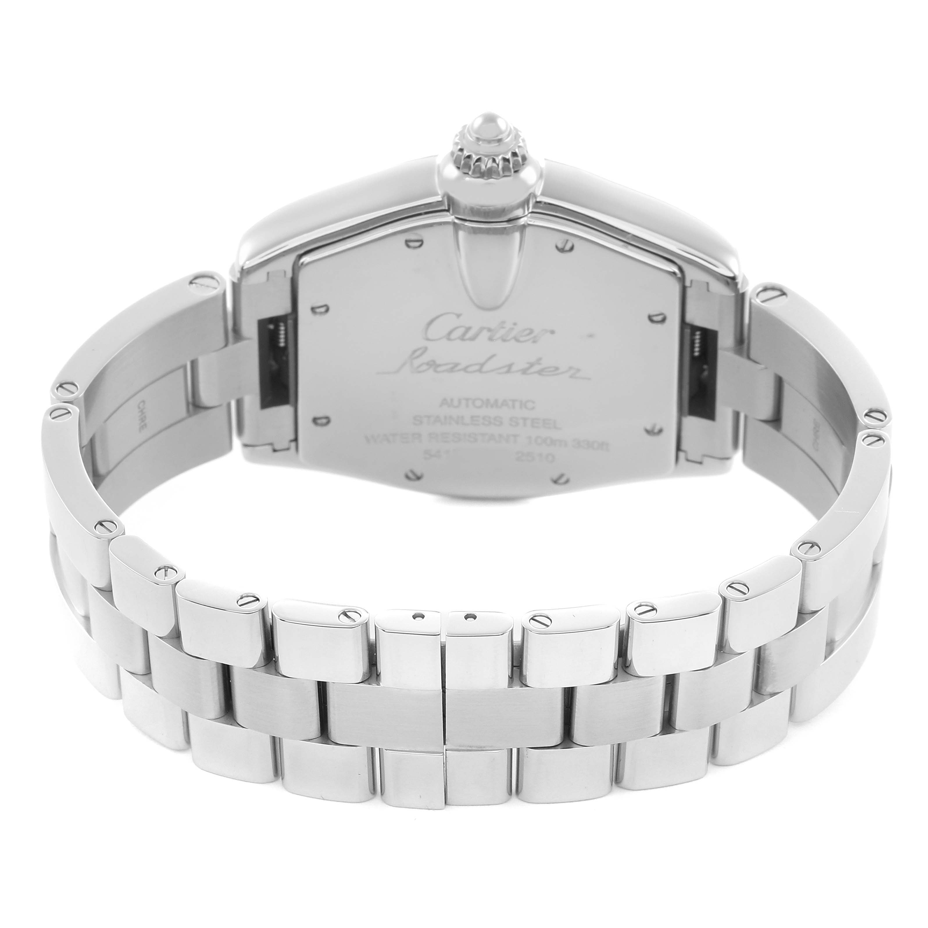 The image shows the back of the Cartier Roadster W62025V3 Men
s Stainless Steel Silver Dial watch, including its stainless steel bracelet and engraved case back.