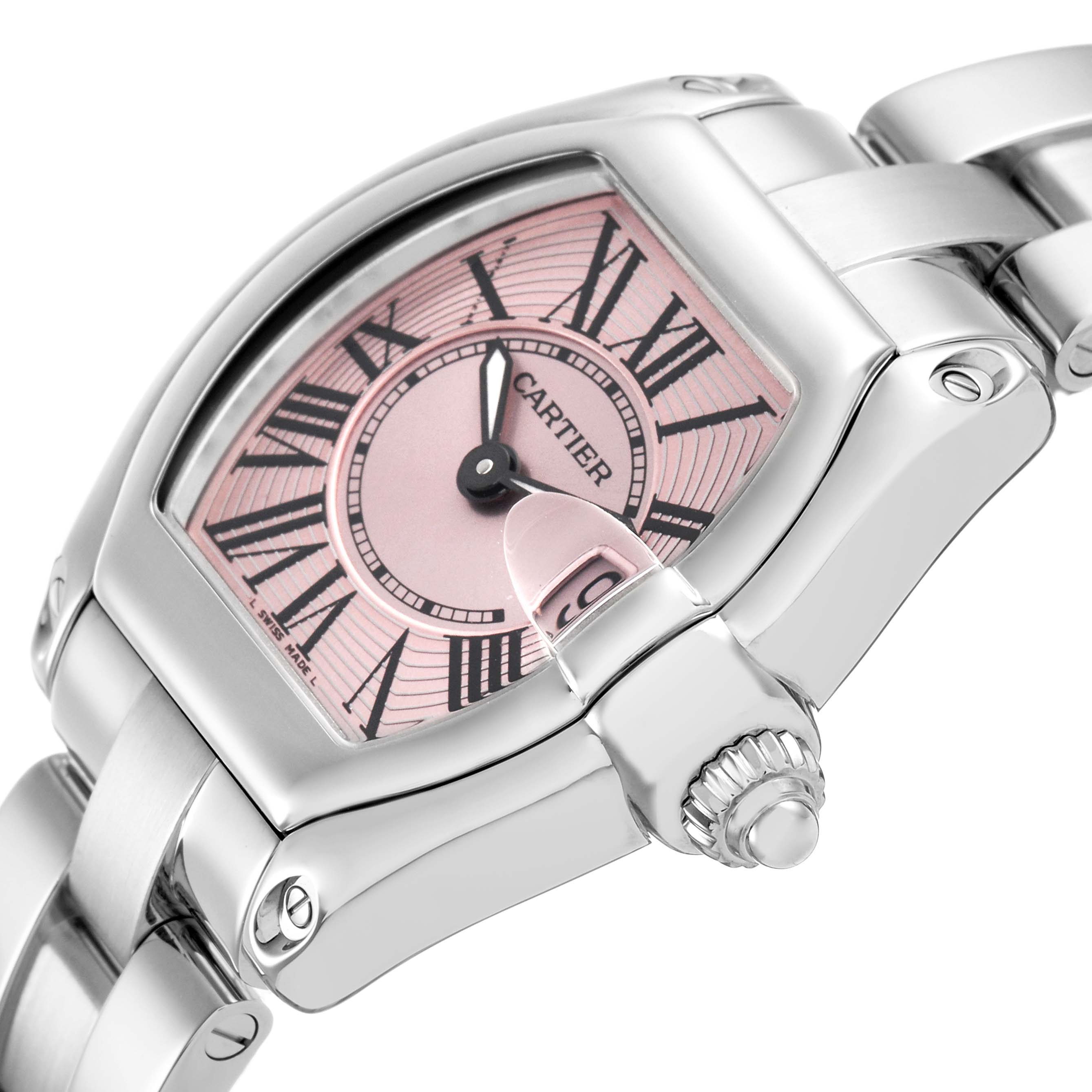 The Cartier Roadster W62017V3 Women's Stainless Steel Pink Dial watch is shown at a three-quarter angle highlighting the pink dial, Roman numerals, and metal bracelet.