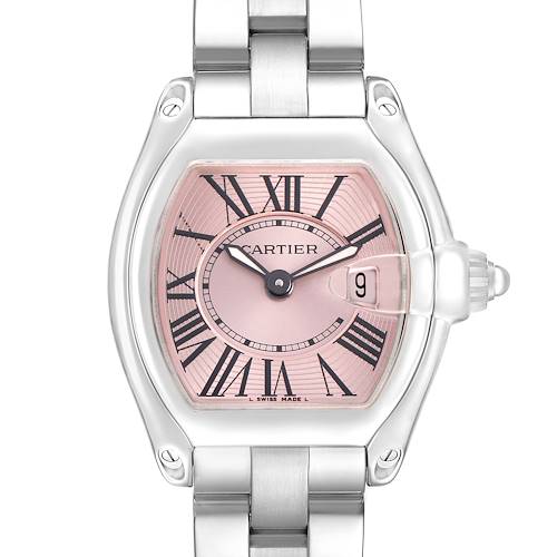The Cartier Roadster W62017V3 Women's Stainless Steel Pink Dial watch is shown from the front, highlighting the pink dial, Roman numerals, and date magnifier.