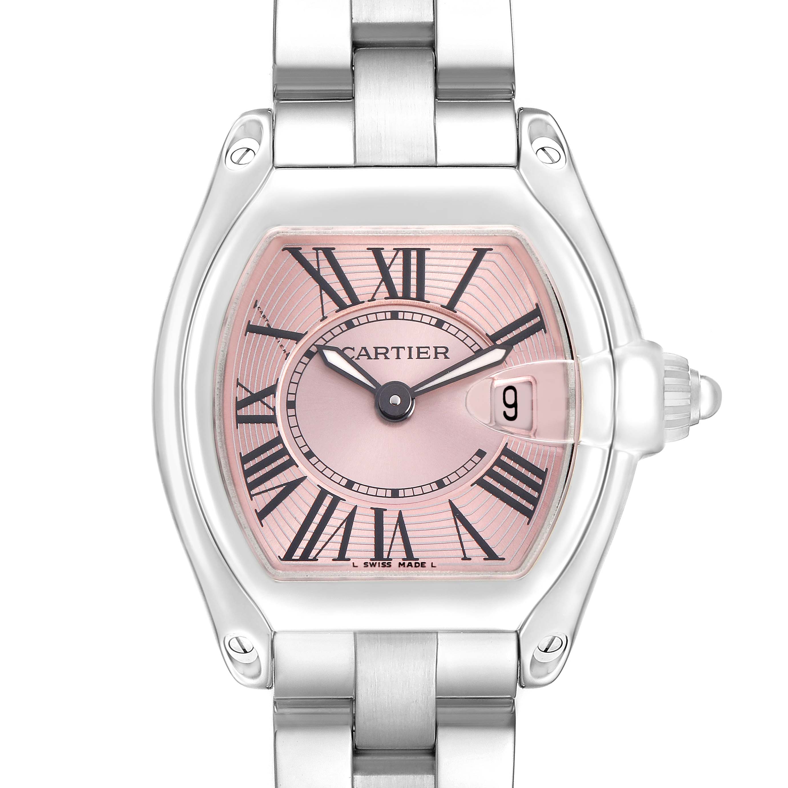 The Cartier Roadster W62017V3 Women's Stainless Steel Pink Dial watch is shown from a face-on angle, displaying its pink dial, Roman numerals, and metal bracelet.