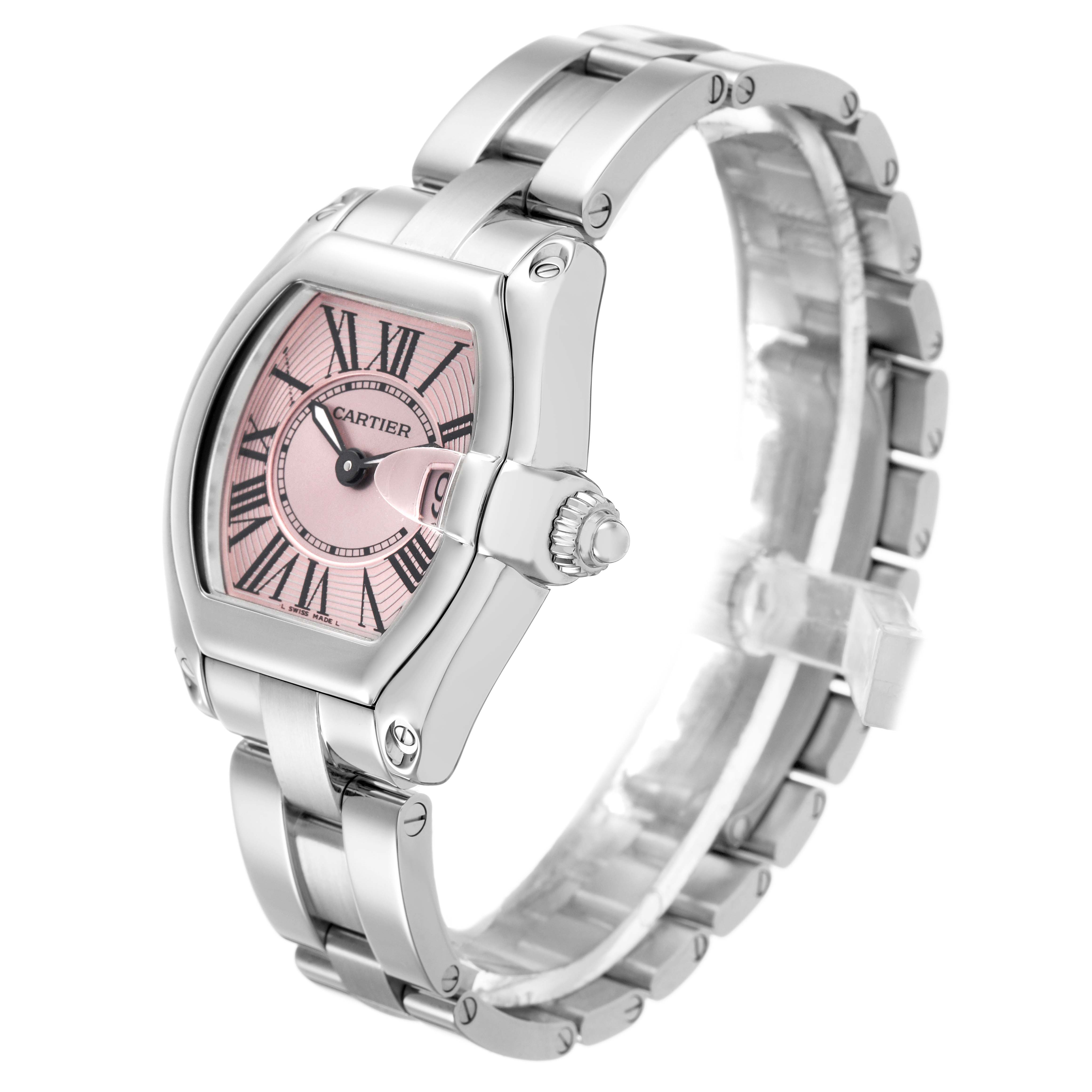 The Cartier Roadster W62017V3 Women's Stainless Steel Pink Dial watch is shown at a three-quarter angle, highlighting the pink dial, Roman numerals, and stainless steel bracelet.