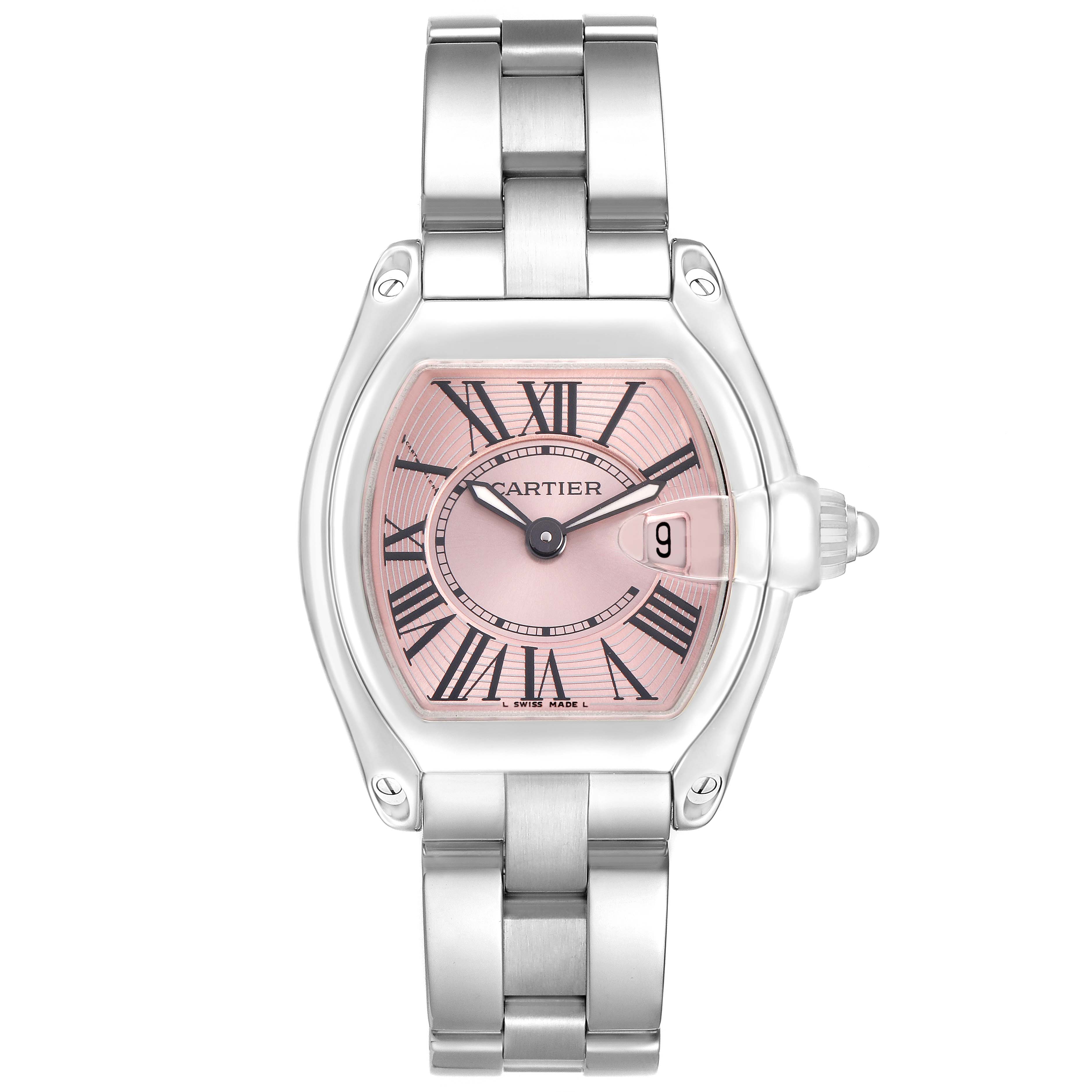 The Cartier Roadster W62017V3 Women's Stainless Steel Pink Dial watch is shown from the front, highlighting the pink dial, Roman numerals, and metal bracelet.