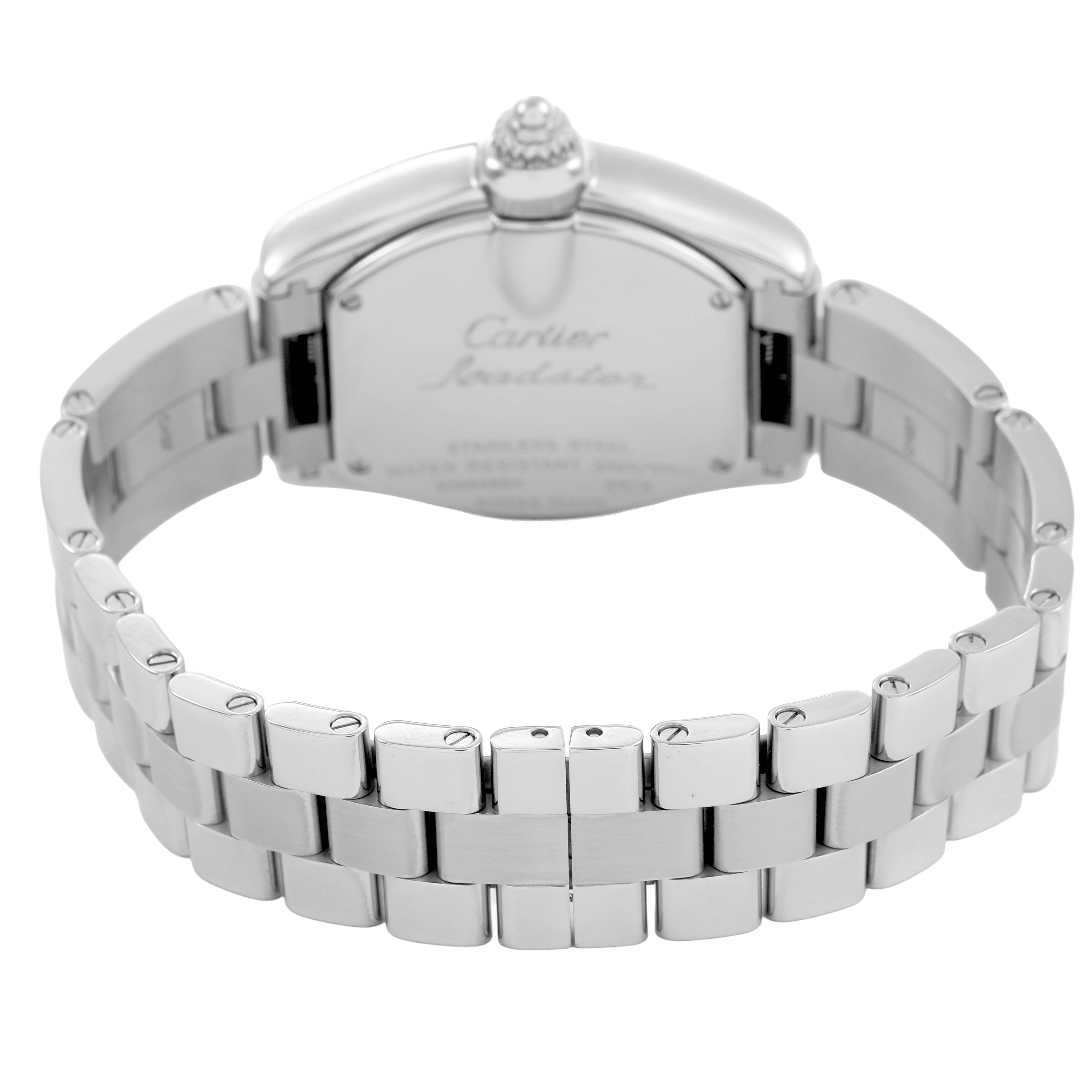The Cartier Roadster W62017V3 Women's Stainless Steel Pink Dial watch is shown from the back, featuring its case and stainless steel bracelet.