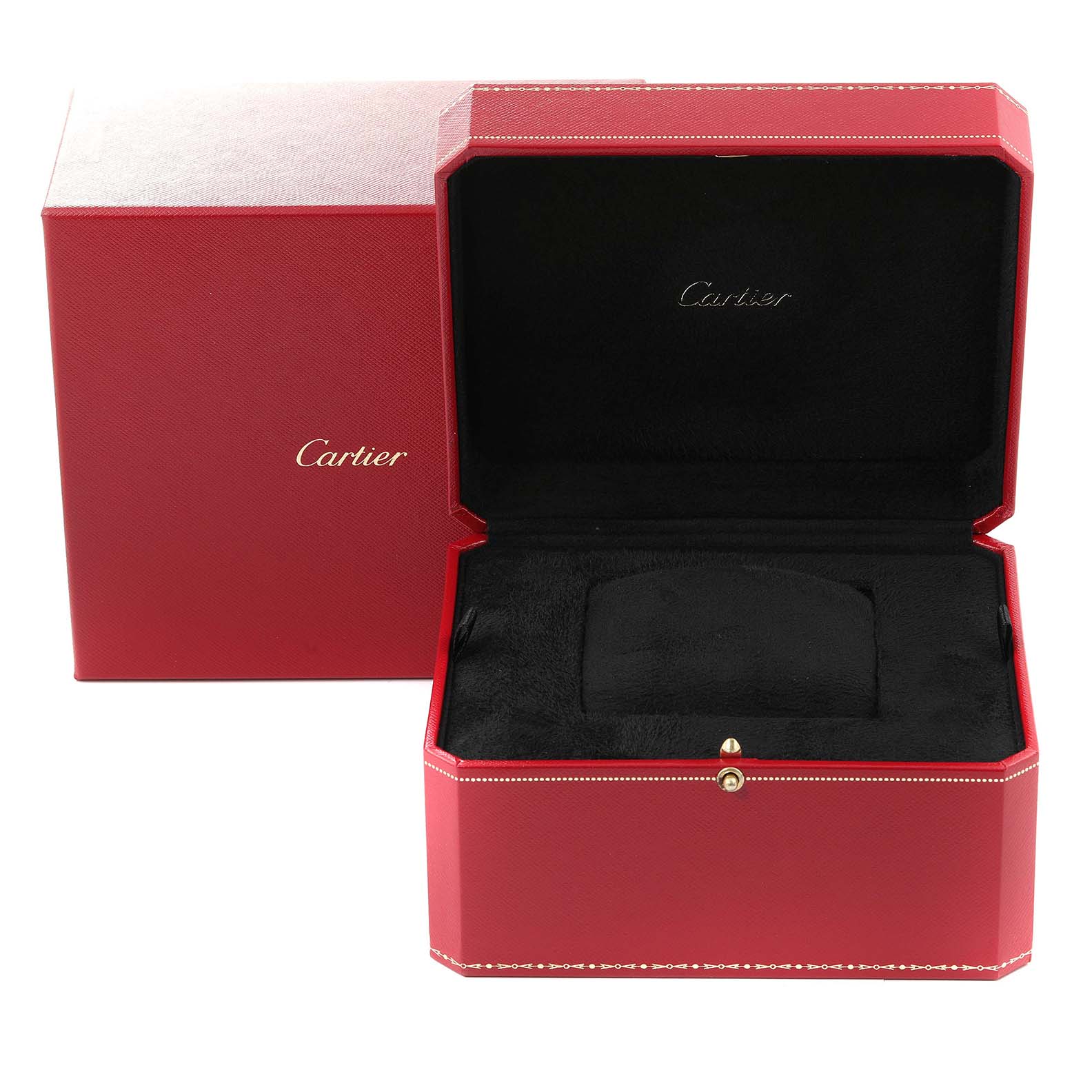 This image shows an open red Cartier box, likely for the Ronde model watch, with its interior displayed.