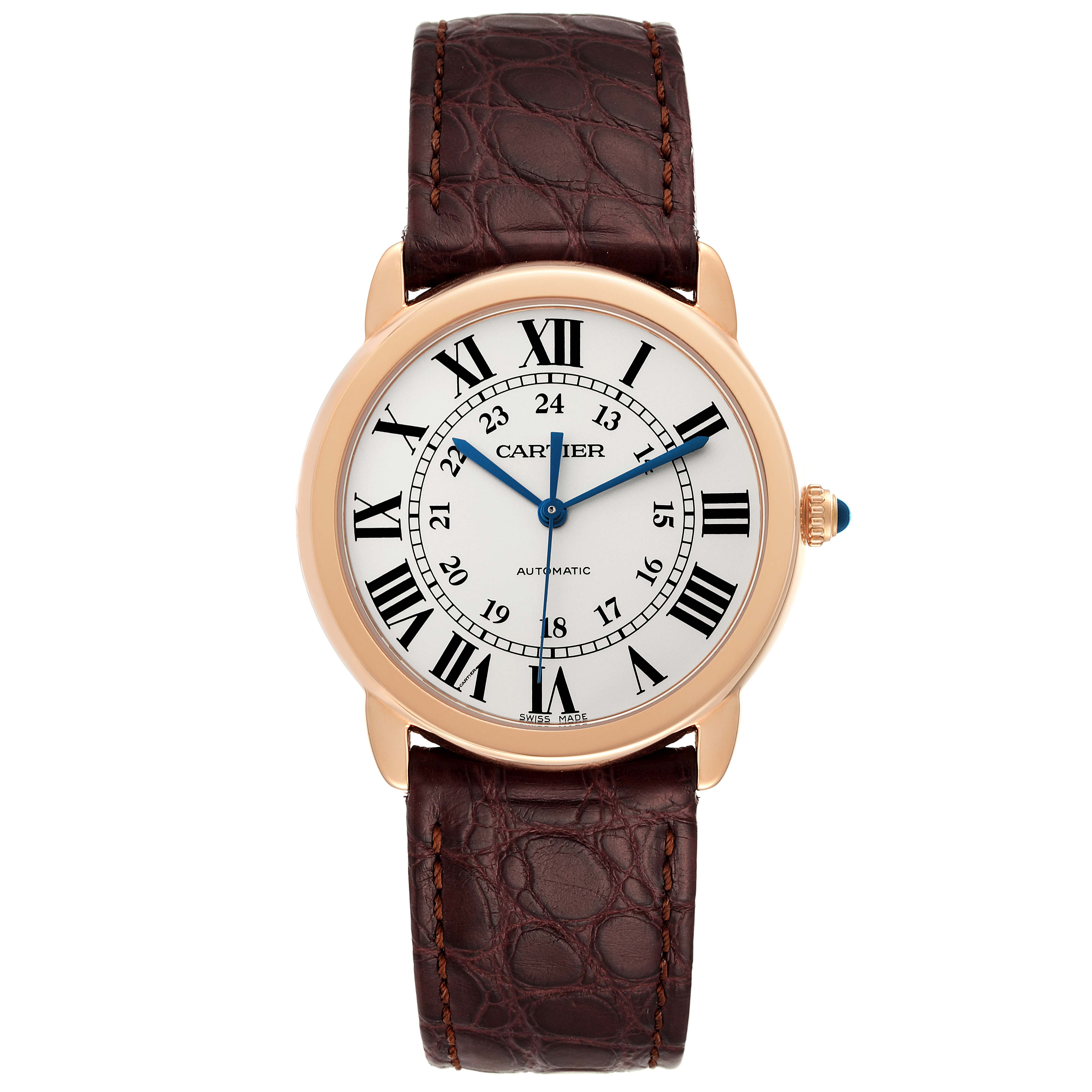 The image shows a Cartier Ronde W2RN0008 Men
s Rose Gold Silver Dial W2RN0008 Men
s Rose Gold Silver Dial watch with a brown leather strap, Roman numerals, and a gold case, viewed from the front.