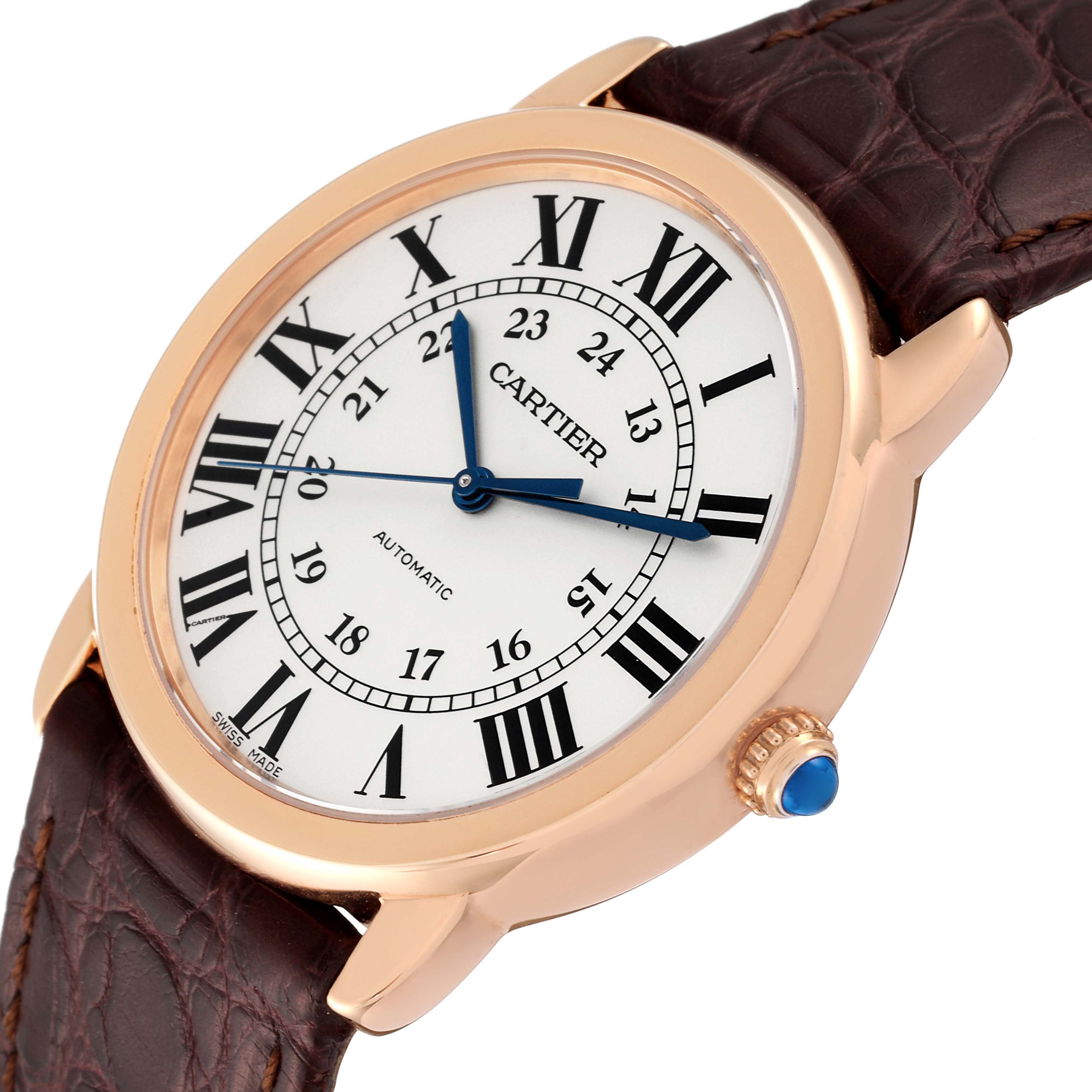 The Cartier Ronde W2RN0008 Men
s Rose Gold Silver Dial W2RN0008 Men
s Rose Gold Silver Dial model watch is shown from a three-quarter angle, displaying the dial, case, and part of the leather strap.