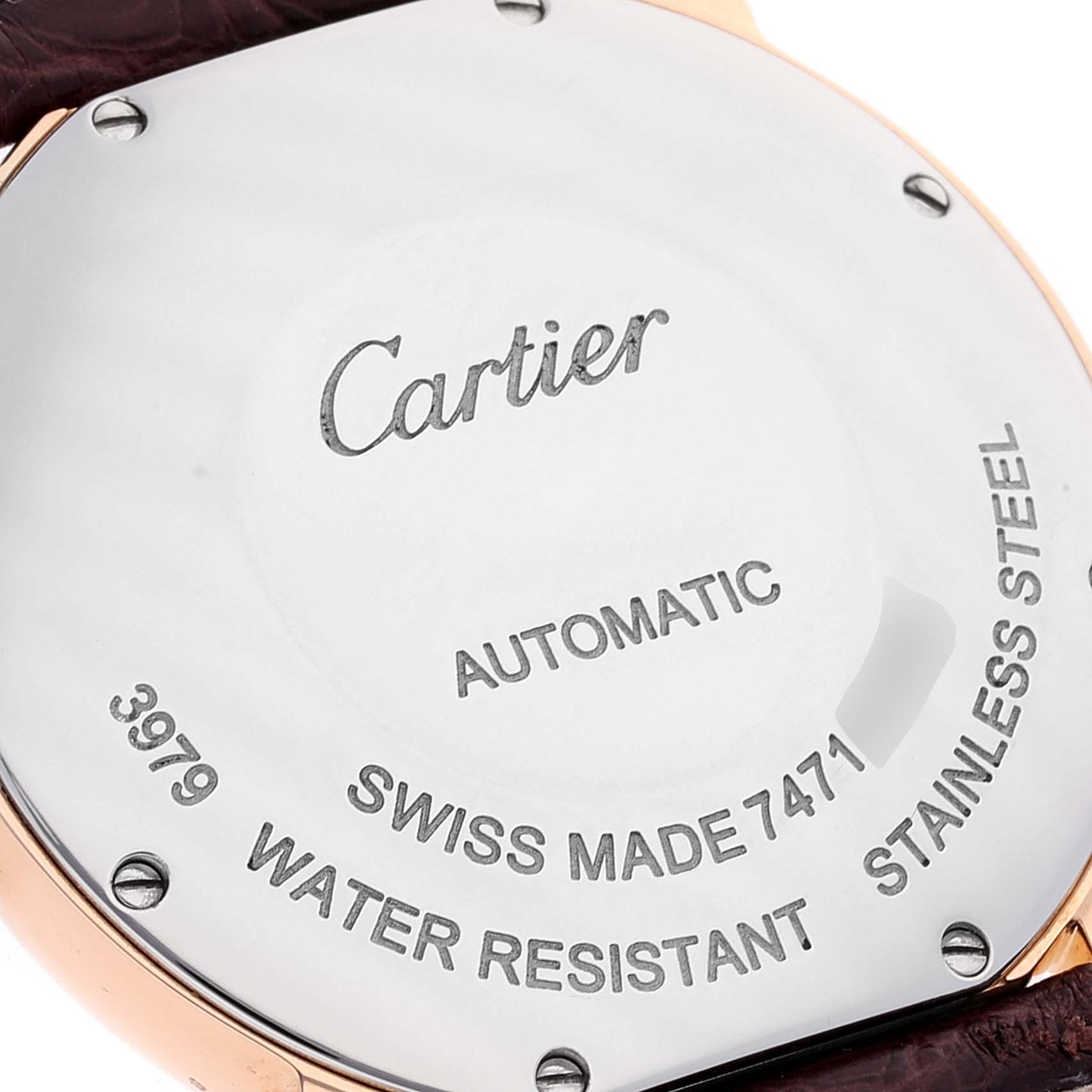 This image shows the case back of the Ronde model by Cartier, detailing its automatic movement and water resistance.