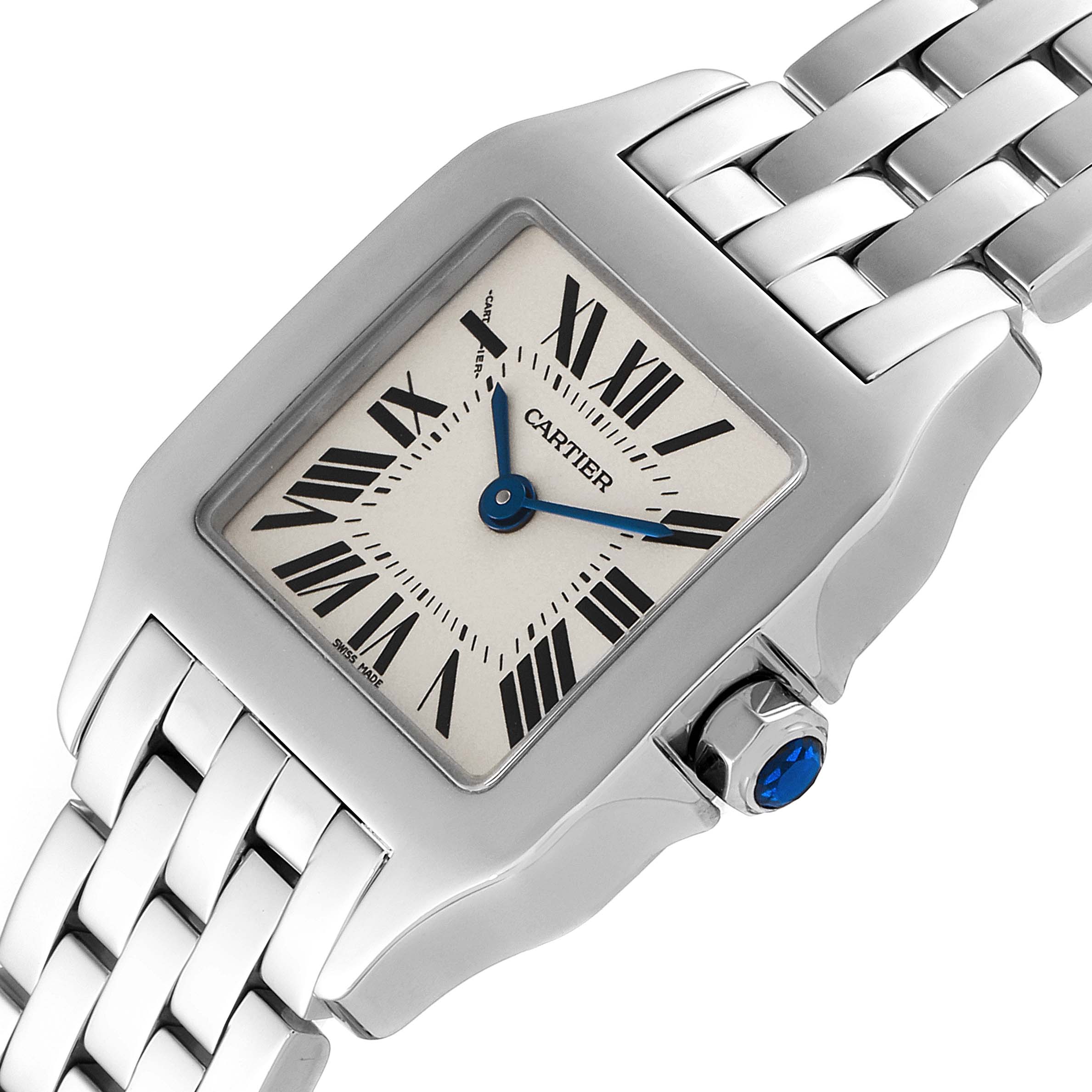 The image shows a close-up, angled view of the Cartier Santos Demoiselle W25064Z5 Women's Stainless Steel Silver Dial W25064Z5 Women's Stainless Steel Silver Dial watch, highlighting its face and part of the bracelet.