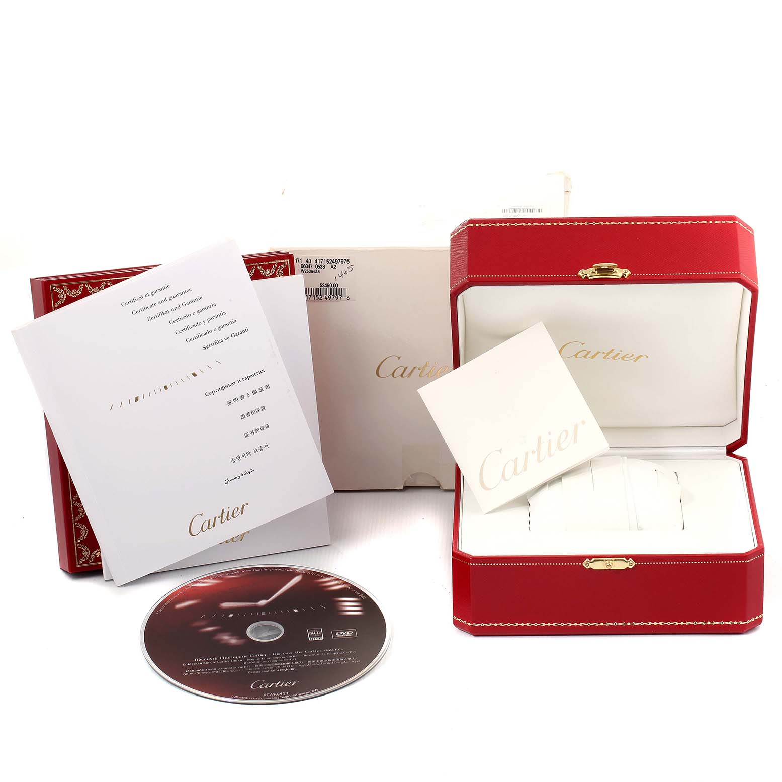 The image shows the packaging, warranty booklets, and a CD for the Cartier Santos Demoiselle W25064Z5 Women's Stainless Steel Silver Dial W25064Z5 Women's Stainless Steel Silver Dial model watch.