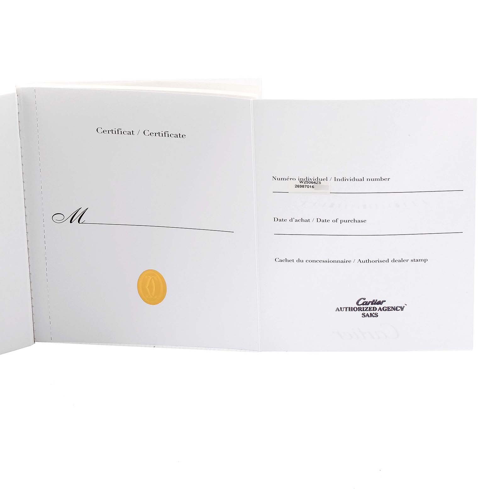 The image shows an open certification booklet for the Santos Demoiselle model by Cartier.