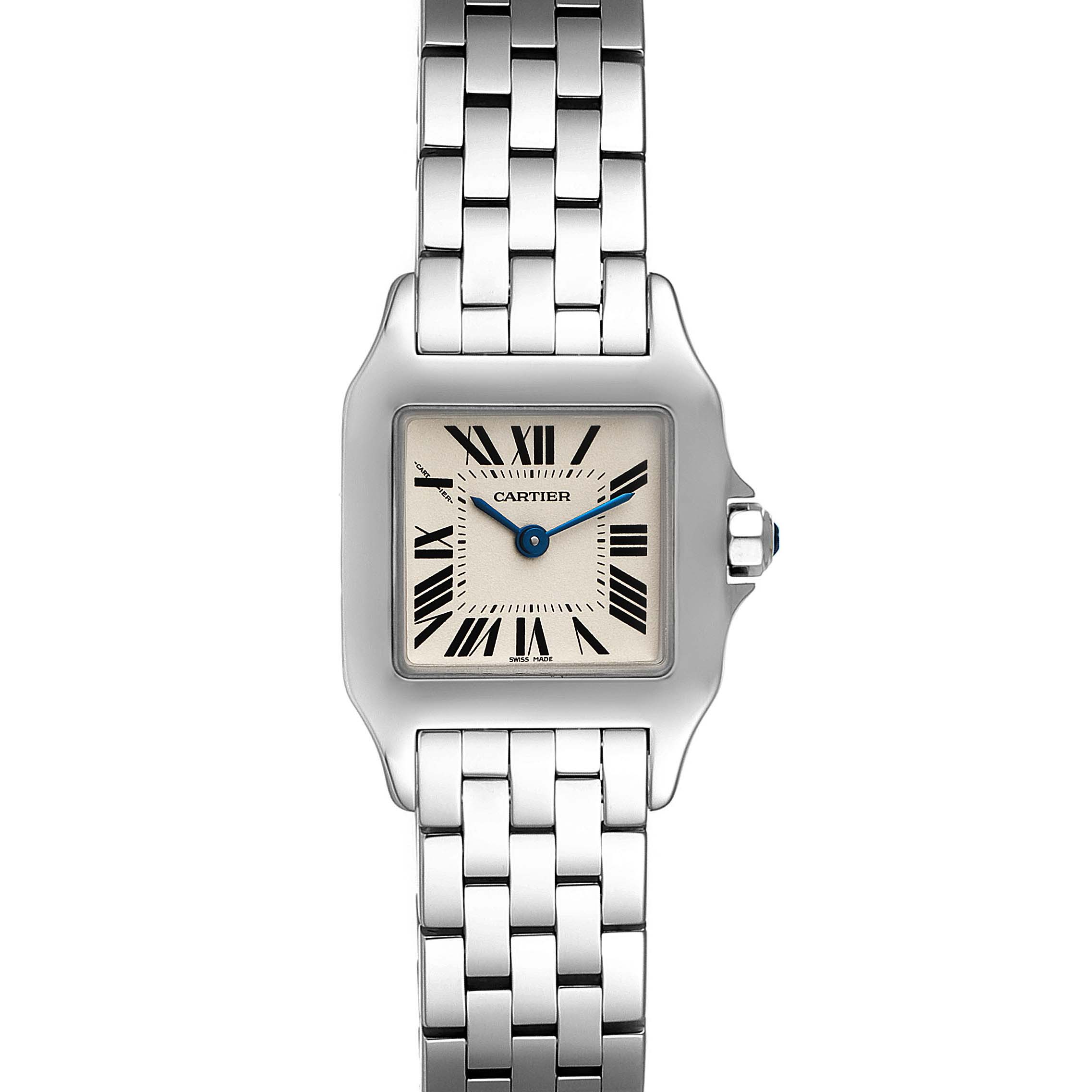This is a front view of the Cartier Santos Demoiselle W25064Z5 Women's Stainless Steel Silver Dial W25064Z5 Women's Stainless Steel Silver Dial model, showing the face, case, and part of the bracelet.