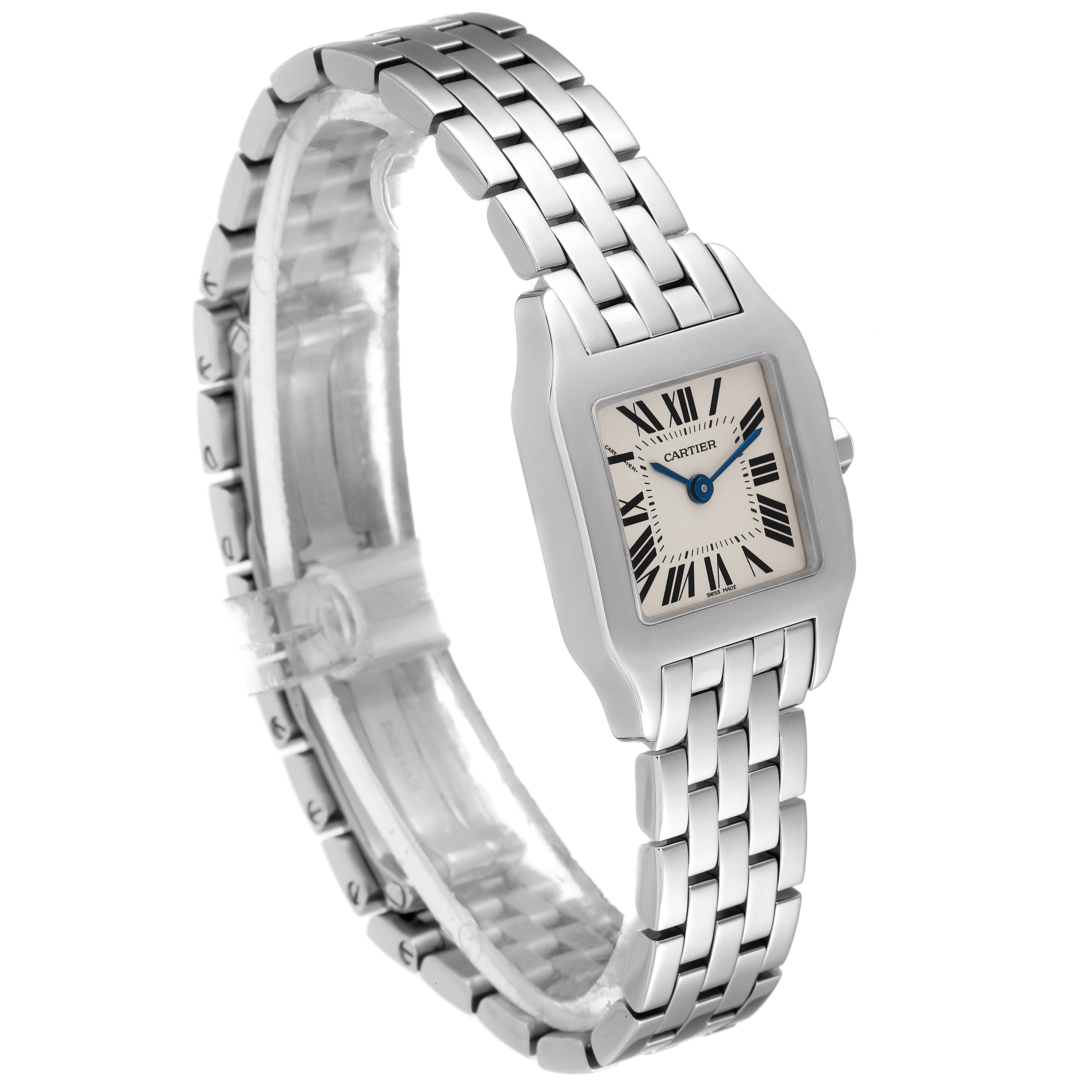 The image shows a side angle of the Cartier Santos Demoiselle W25064Z5 Women's Stainless Steel Silver Dial W25064Z5 Women's Stainless Steel Silver Dial watch, highlighting its dial, bracelet, and case.
