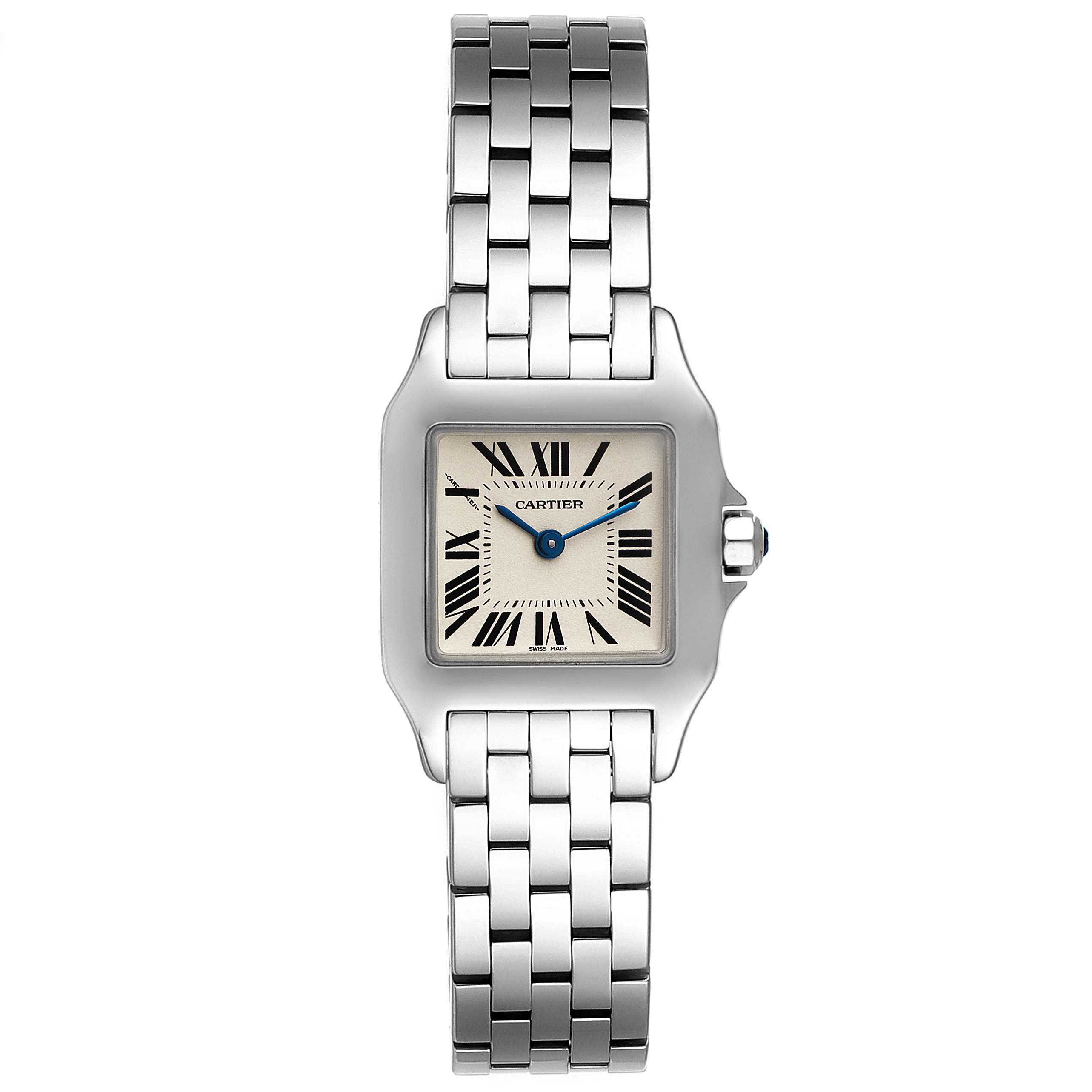 The image shows a front view of the Cartier Santos Demoiselle W25064Z5 Women's Stainless Steel Silver Dial W25064Z5 Women's Stainless Steel Silver Dial watch, displaying the face, hands, and metal bracelet.