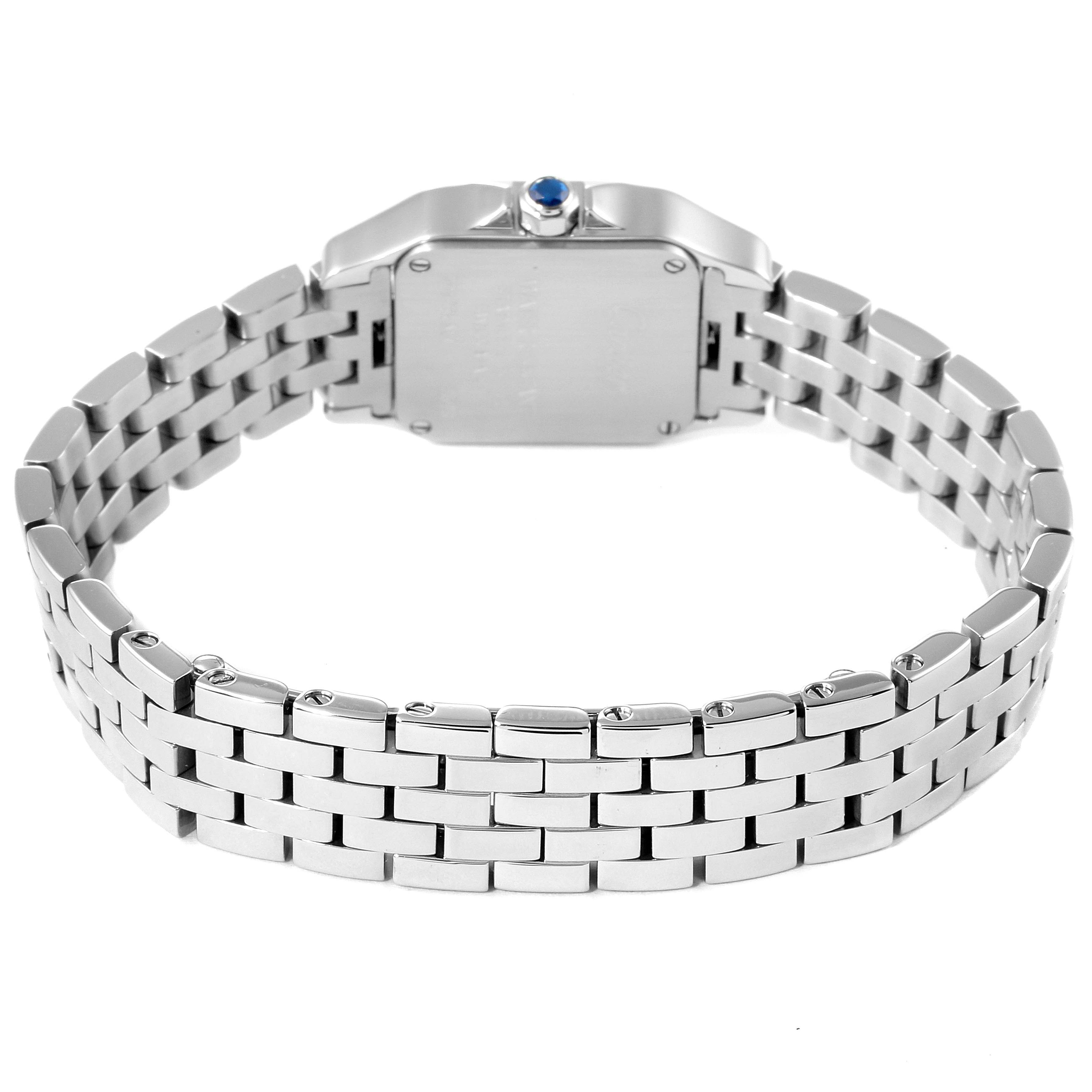 The image shows the back view and bracelet of a Cartier Santos Demoiselle W25064Z5 Women's Stainless Steel Silver Dial W25064Z5 Women's Stainless Steel Silver Dial watch, highlighting the case and metal link band.