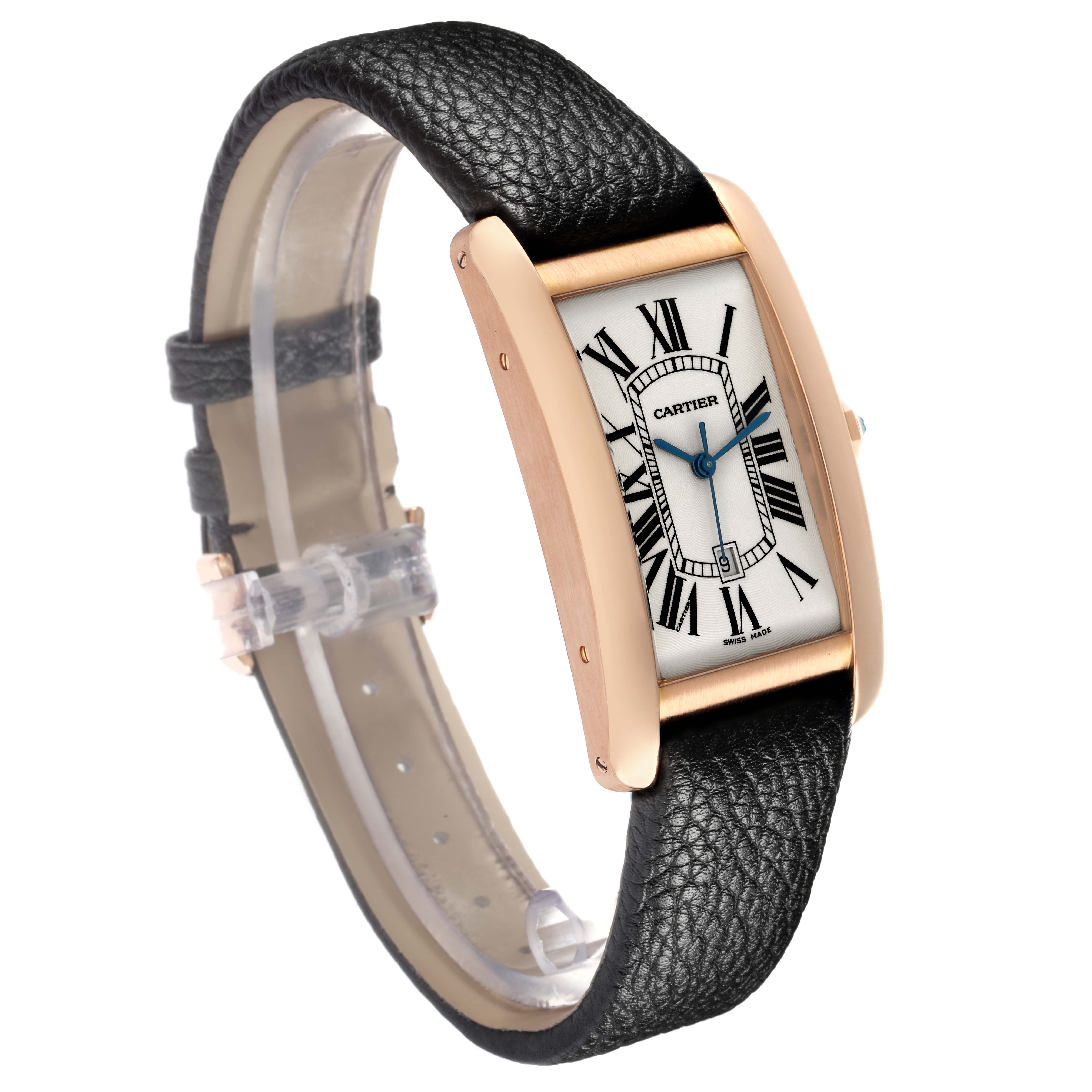 The Cartier Tank Americaine W2609156 Men
s Rose Gold Silver Dial watch is shown from a three-quarter angle, highlighting the rectangular face, Roman numerals, and black leather strap.