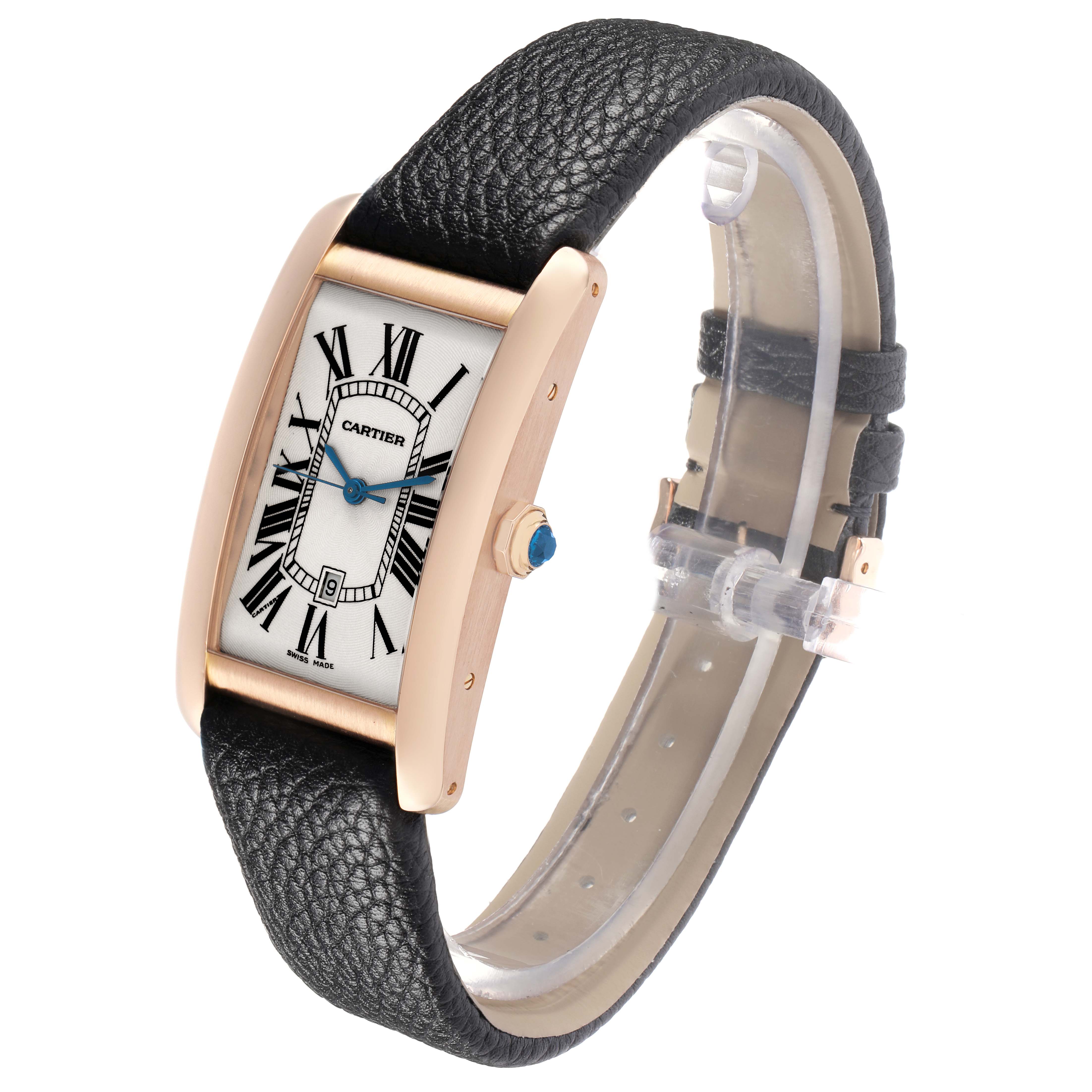 The Cartier Tank Americaine W2609156 Men
s Rose Gold Silver Dial watch is shown at an angled view with its face, leather strap, and crown visible.