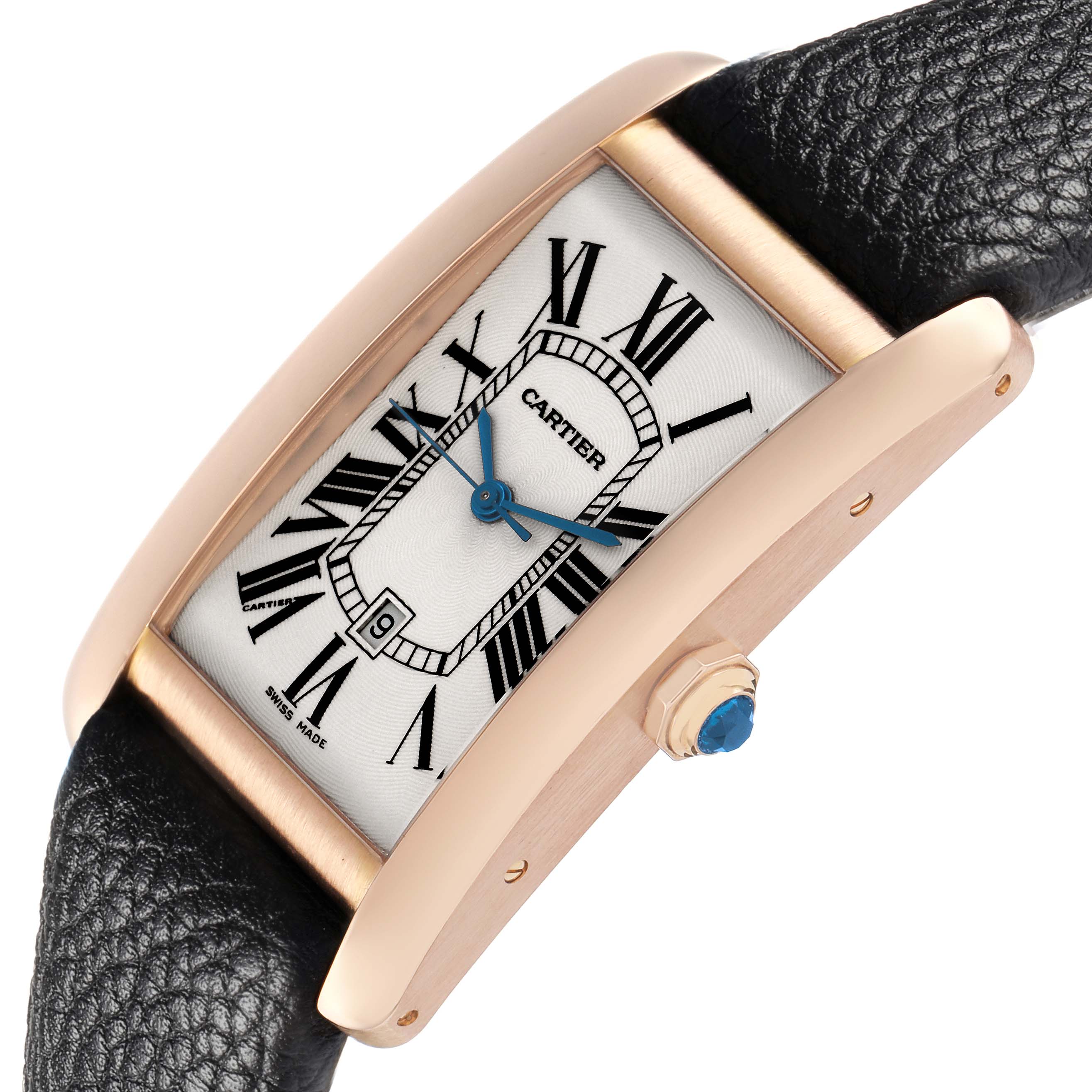 The Cartier Tank Americaine W2609156 Men
s Rose Gold Silver Dial watch is shown at an angled side view, highlighting the face, case, and crown details.