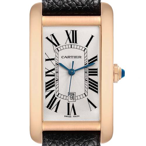 The Cartier Tank Americaine W2609156 Men's Rose Gold Silver Dial watch is shown from a front angle, highlighting its rectangular face, Roman numerals, and leather strap.