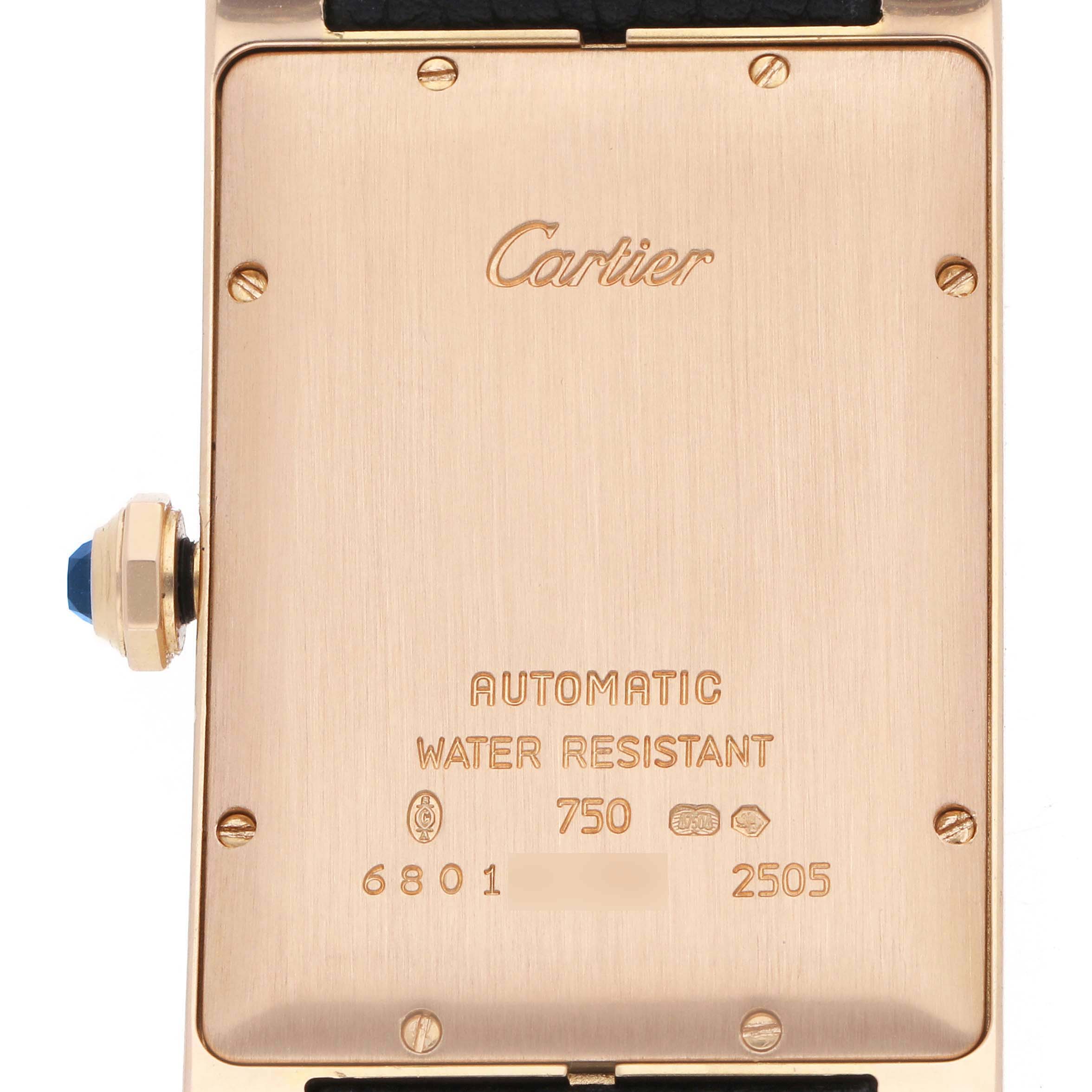 The image shows the back of the Cartier Tank Américaine watch, highlighting its inscriptions and water resistance details.
