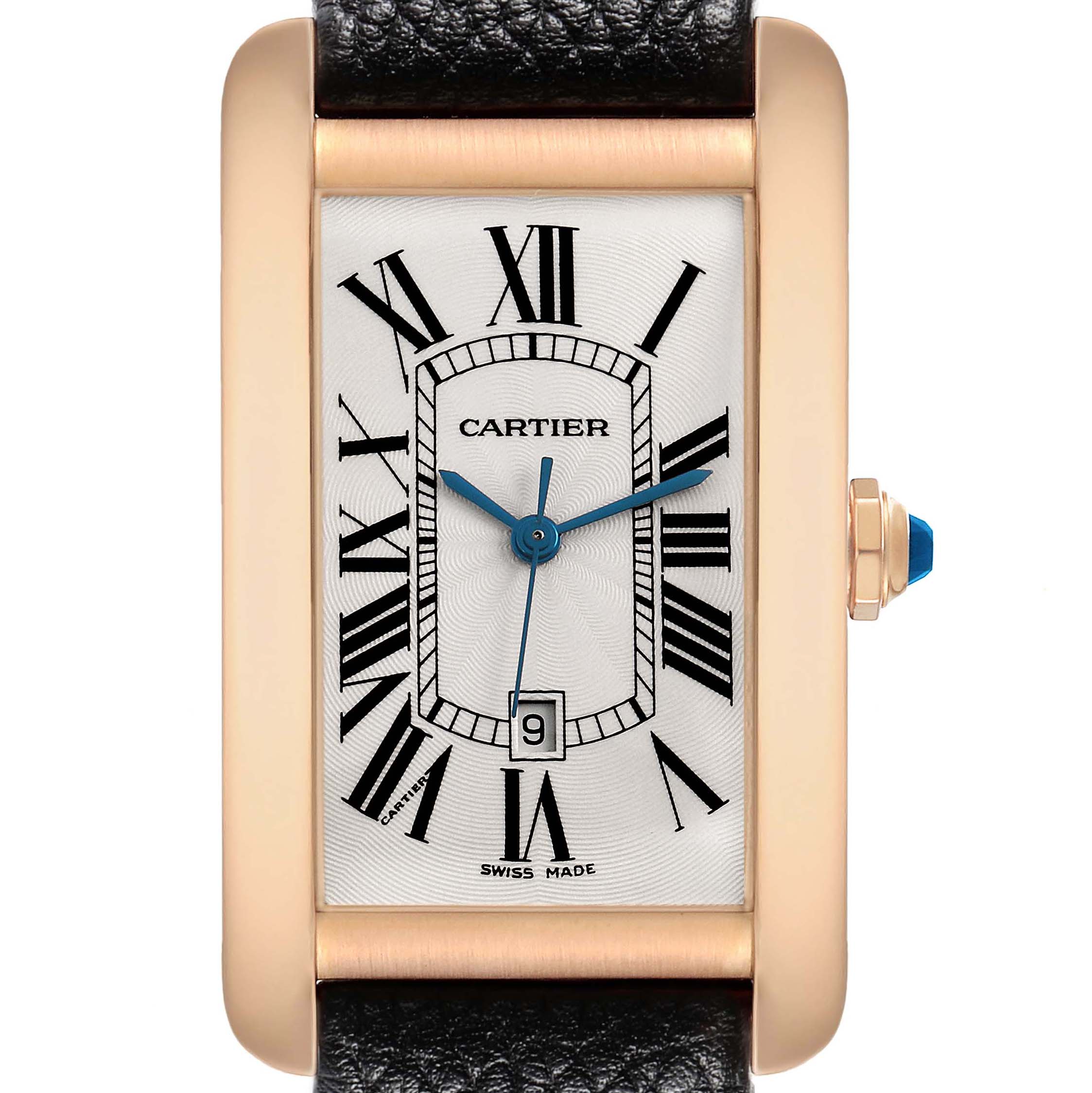The Cartier Tank Américaine watch is shown head-on, highlighting its rectangular face, Roman numerals, blue hands, and leather strap.