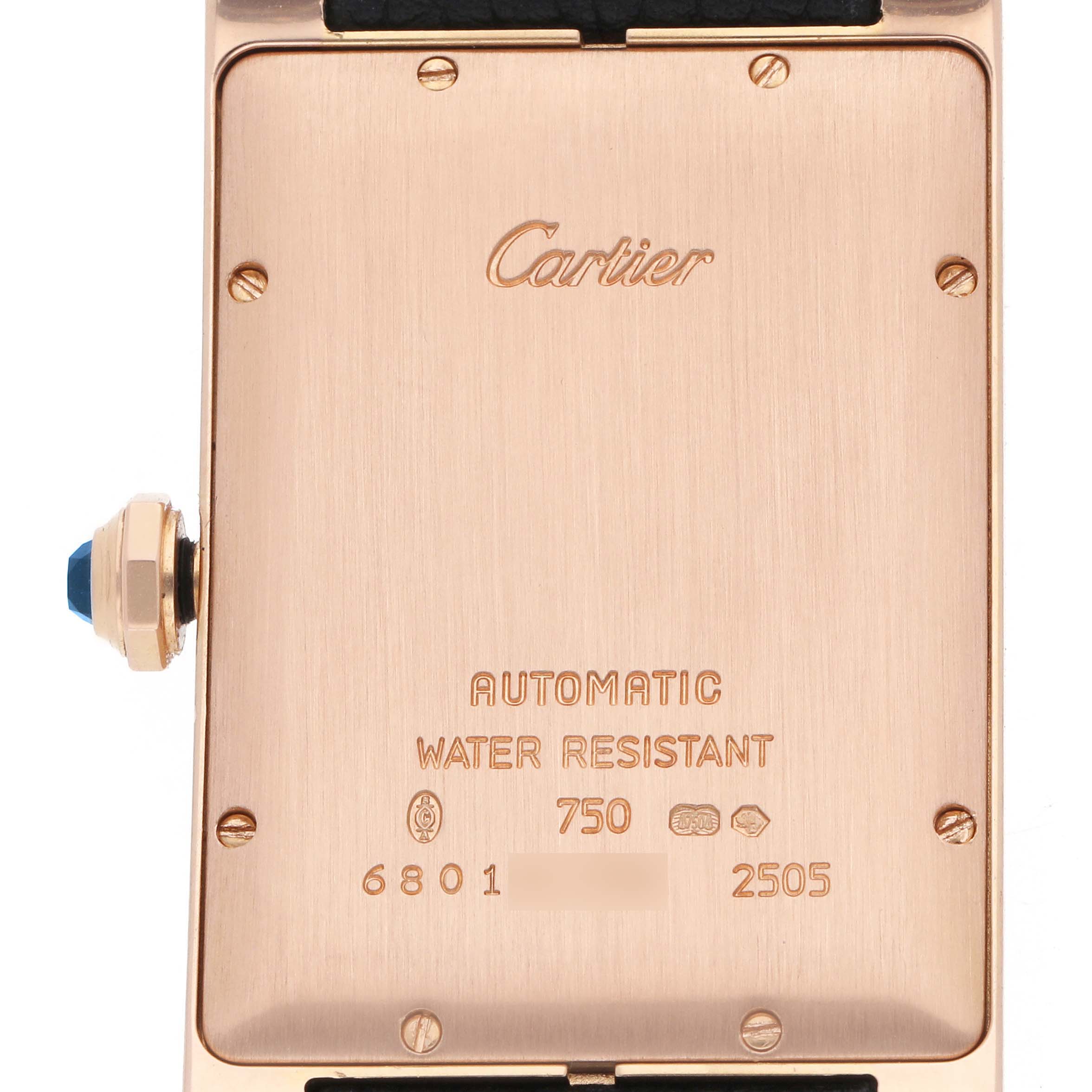 The image shows the back of the Cartier Tank Americaine W2609156 Men
s Rose Gold Silver Dial watch, highlighting the brand name, model details, and a blue cabochon crown.