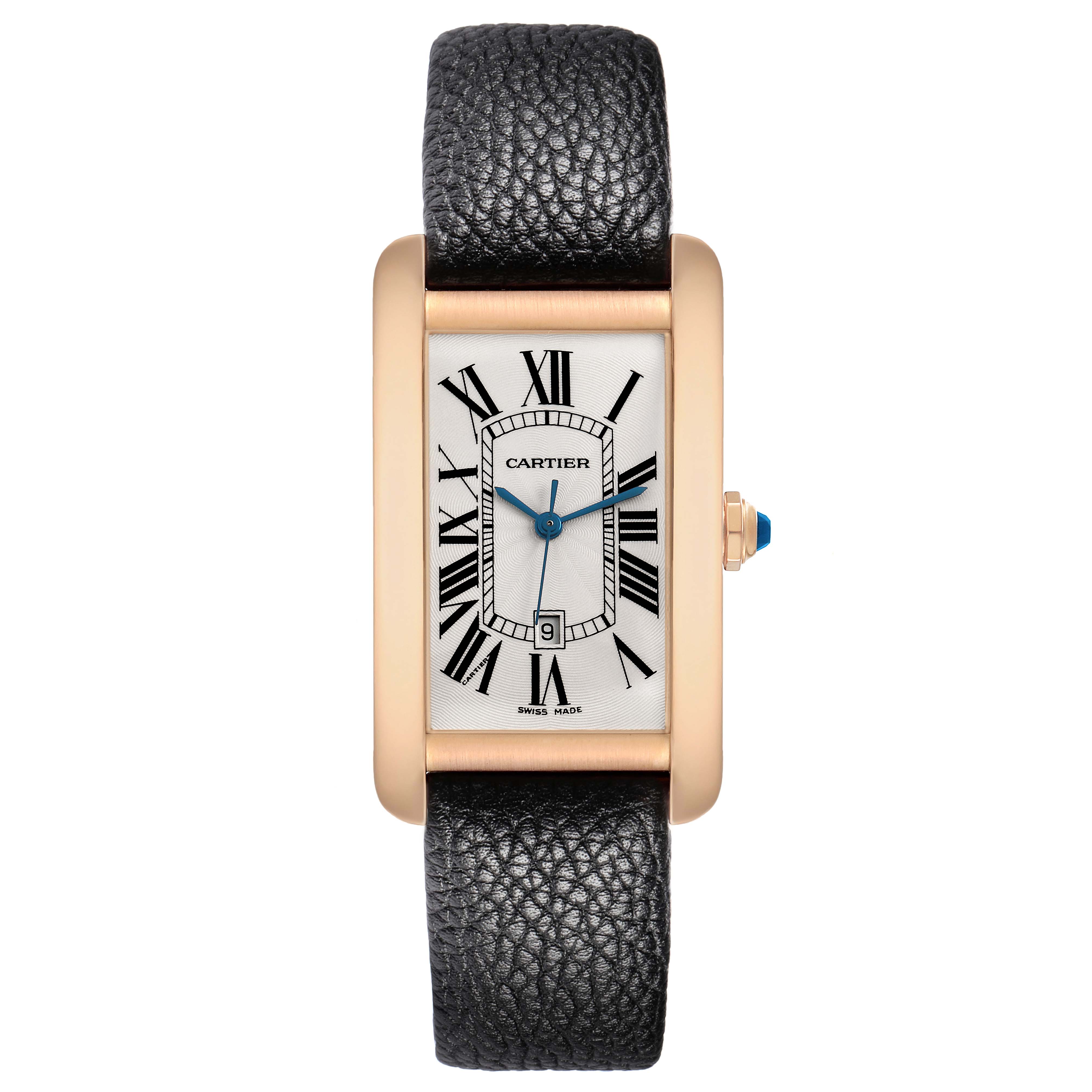 The Cartier Tank Americaine W2609156 Men
s Rose Gold Silver Dial watch is shown from a front angle, highlighting its rectangular case, Roman numerals, and leather strap.