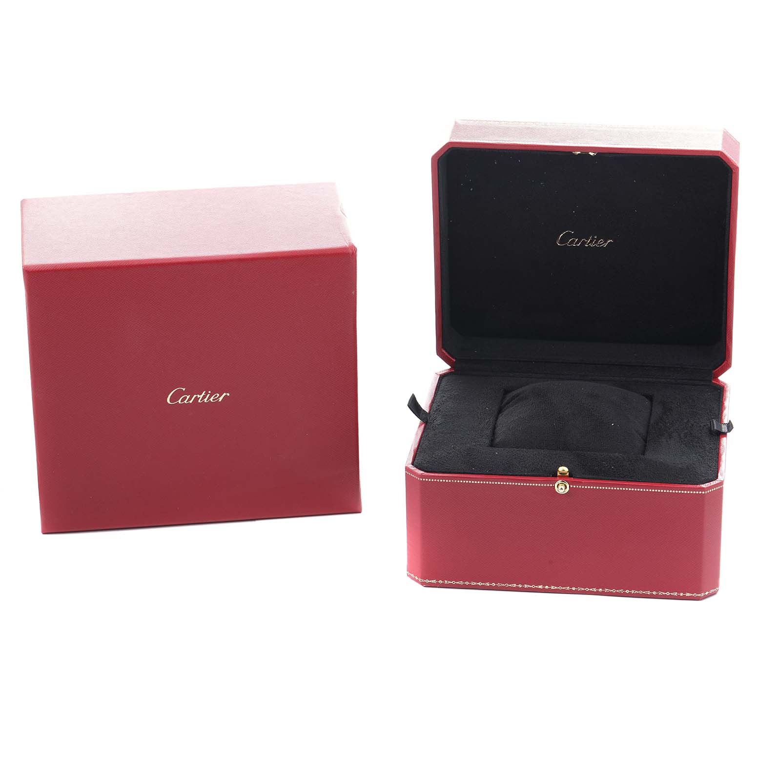 The image displays a Cartier Tank Americaine W2609156 Men
s Rose Gold Silver Dial box set, including a closed box and an open case showing the interior.